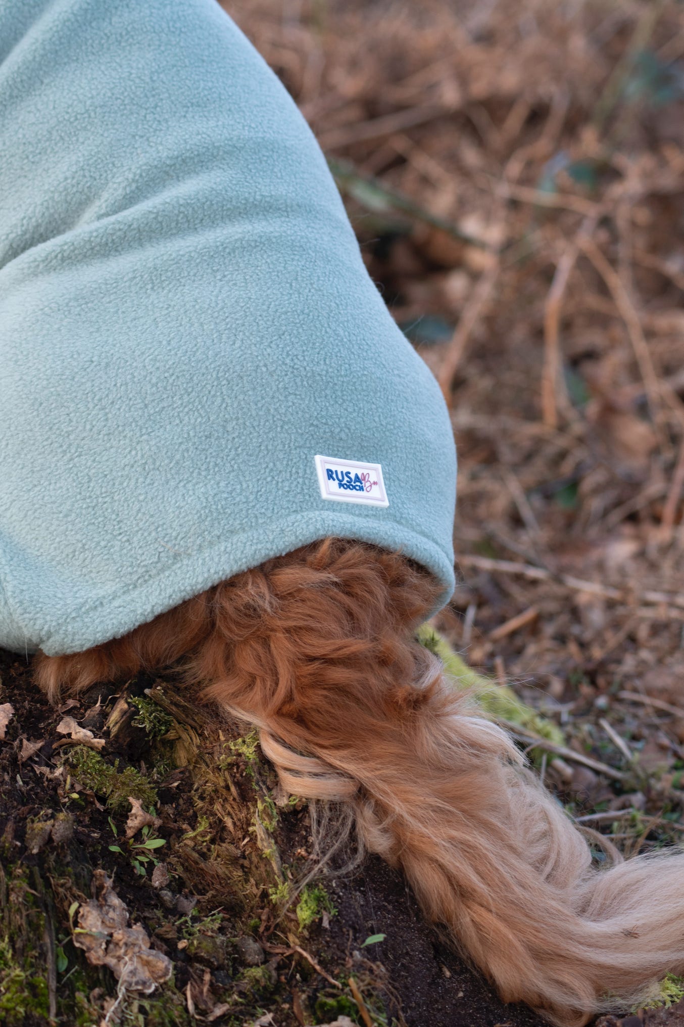 Close up of our branding tag on the back of a sage suit