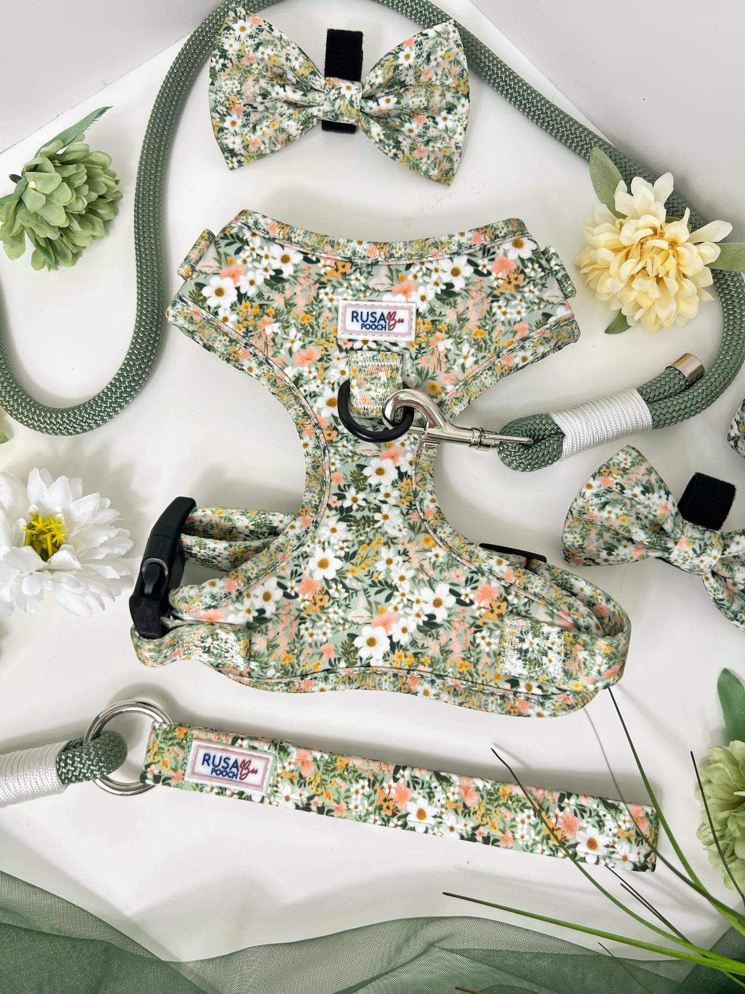 Pink borg fleece with our green floral adjustable harness