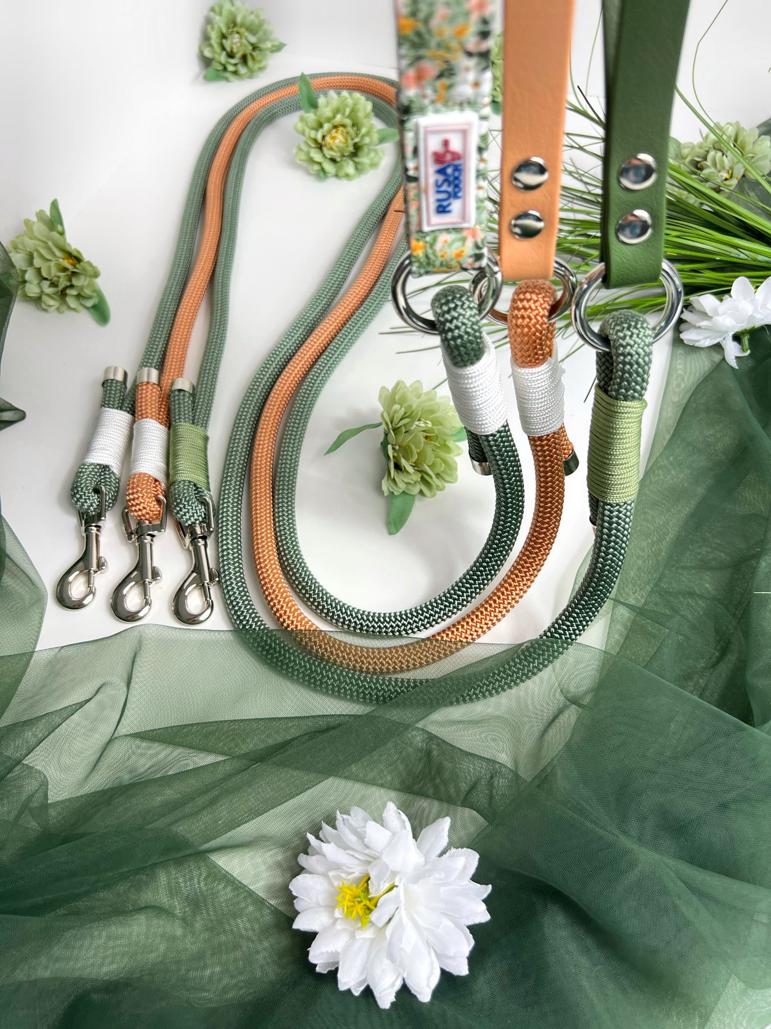 Green flowery, plain green and plain peach rope leads