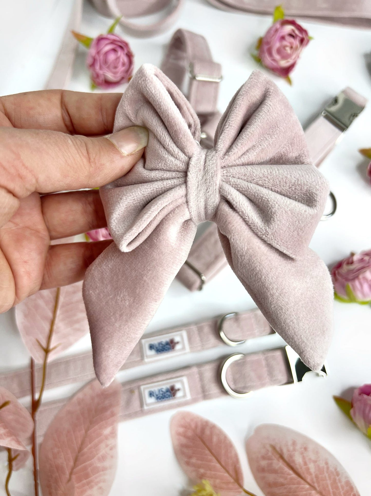 Light pink velvet sailor bow for dog collar