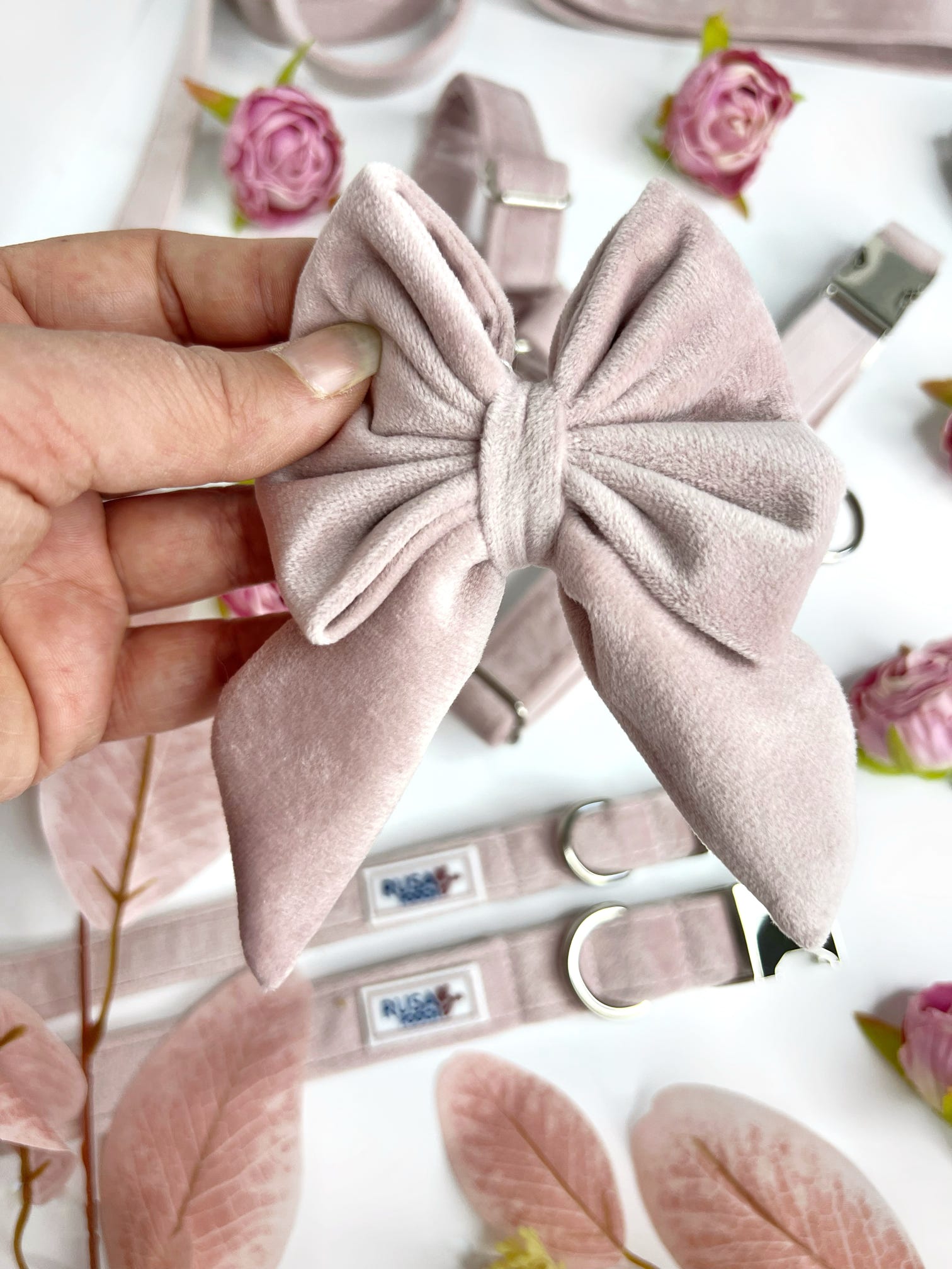 Light pink velvet sailor bow for dog collar