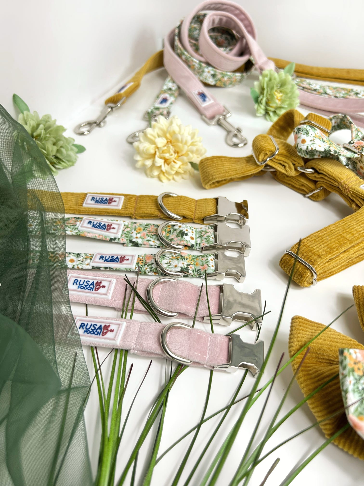 Matching handmade fabric dog collars, harnesses and leads