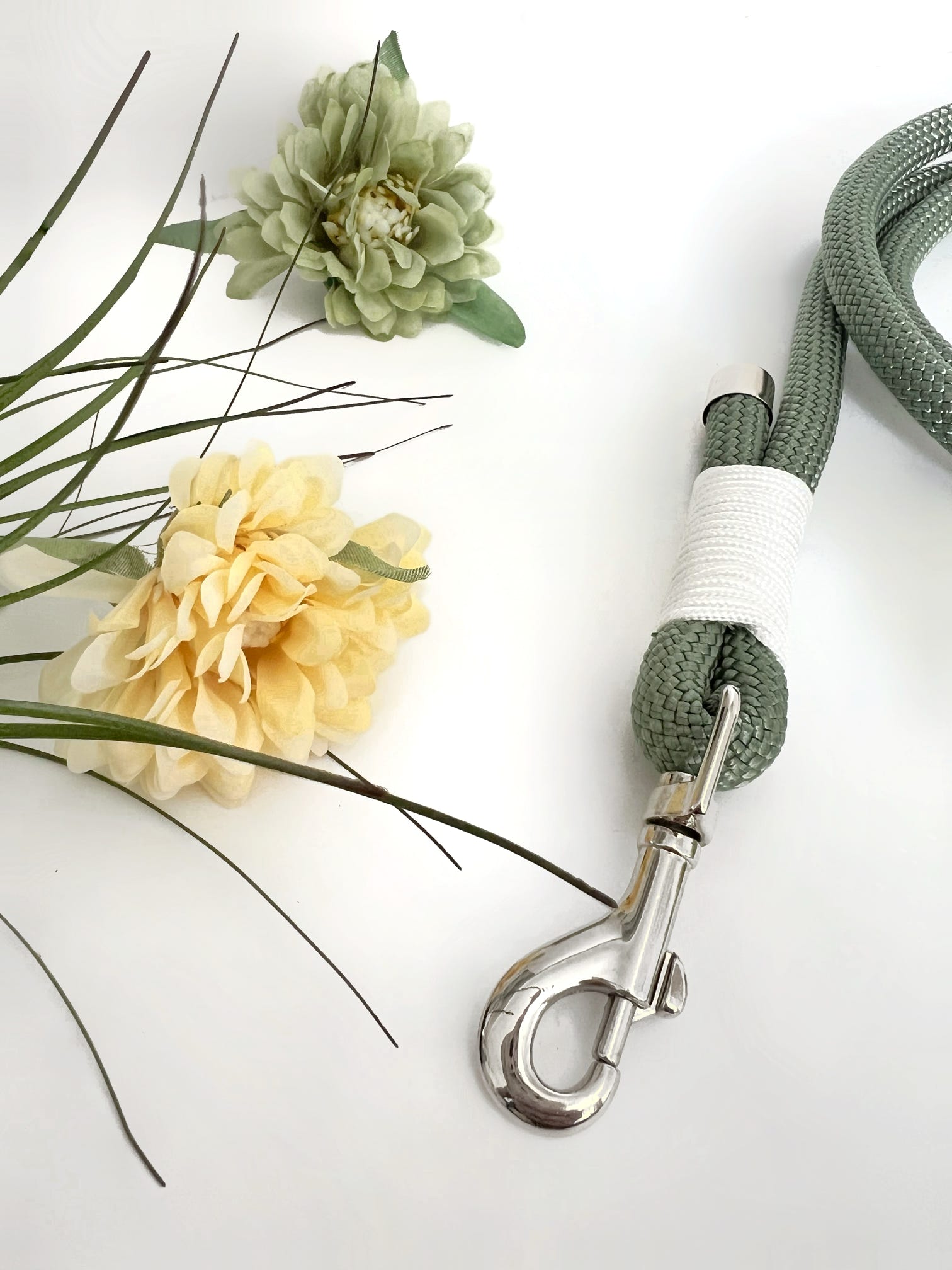 Close up of our silver and green rope leads