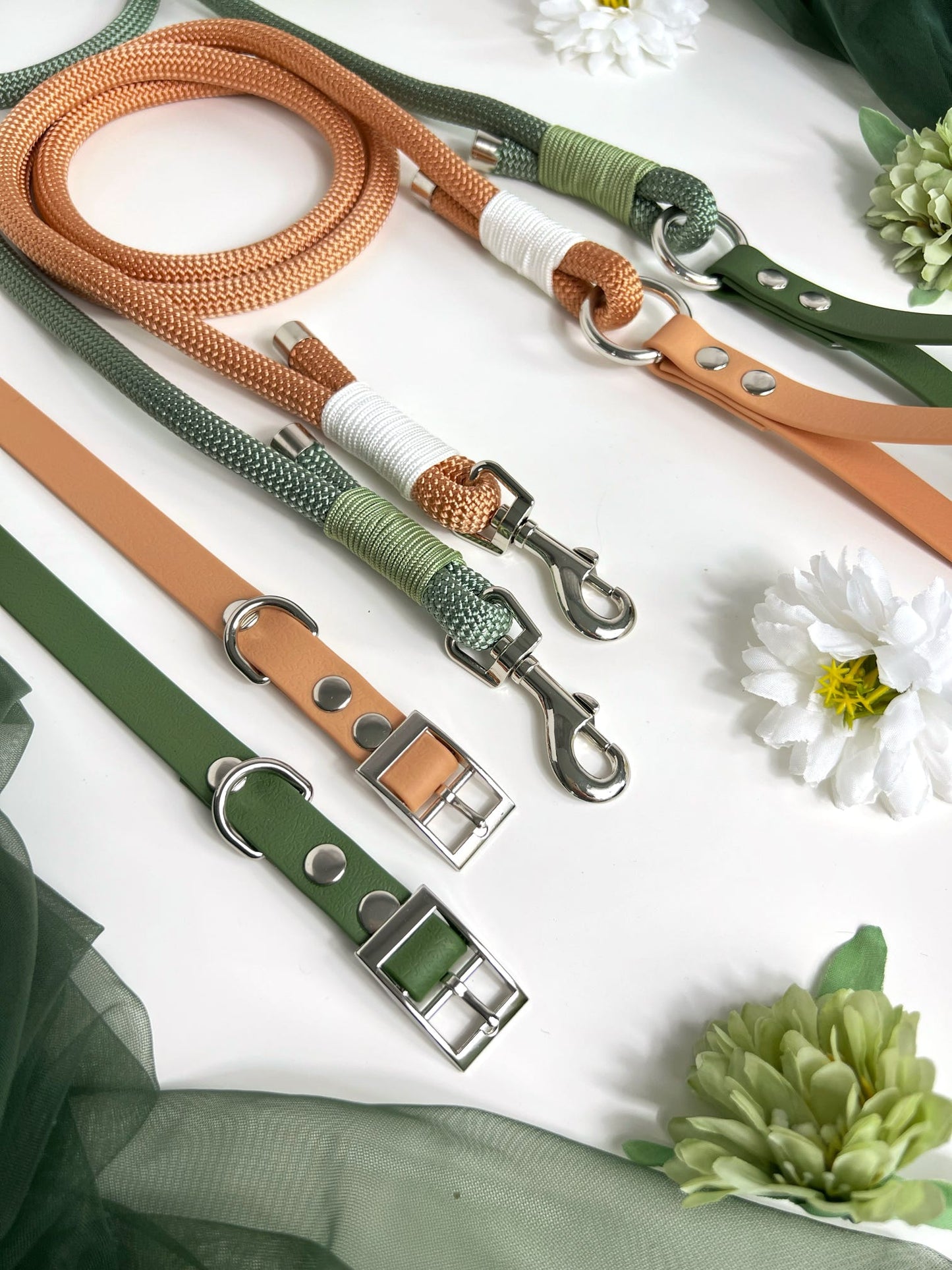 Green and peach waterproof collars and rope leads