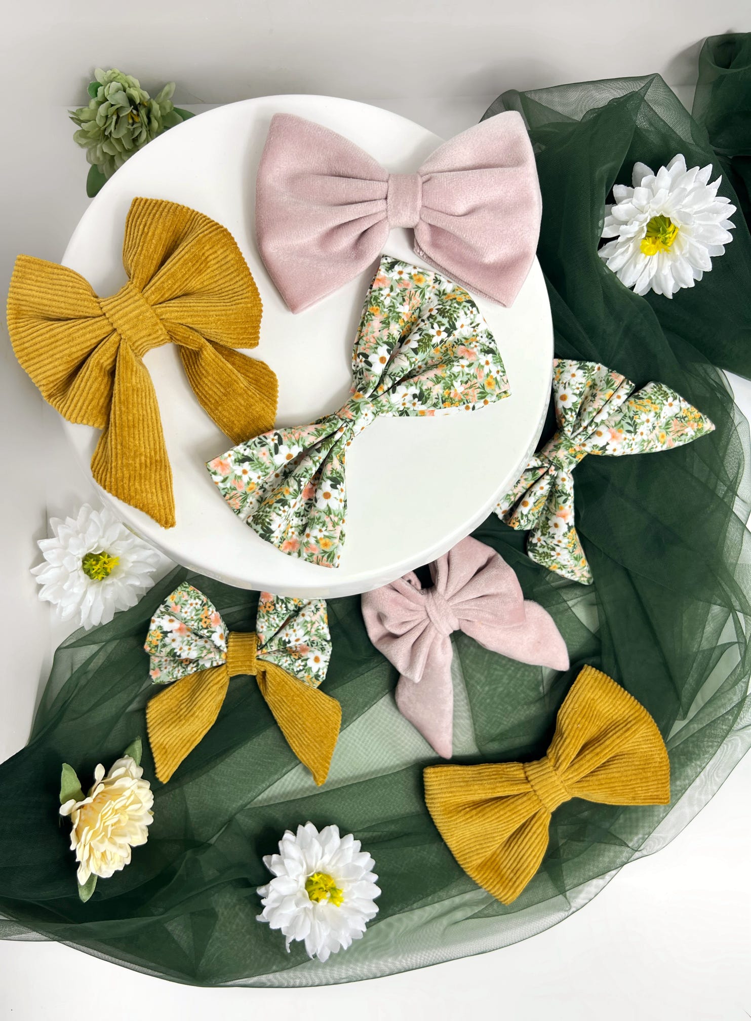 Mustard cordrouy, pink velvet and green floral dog bows