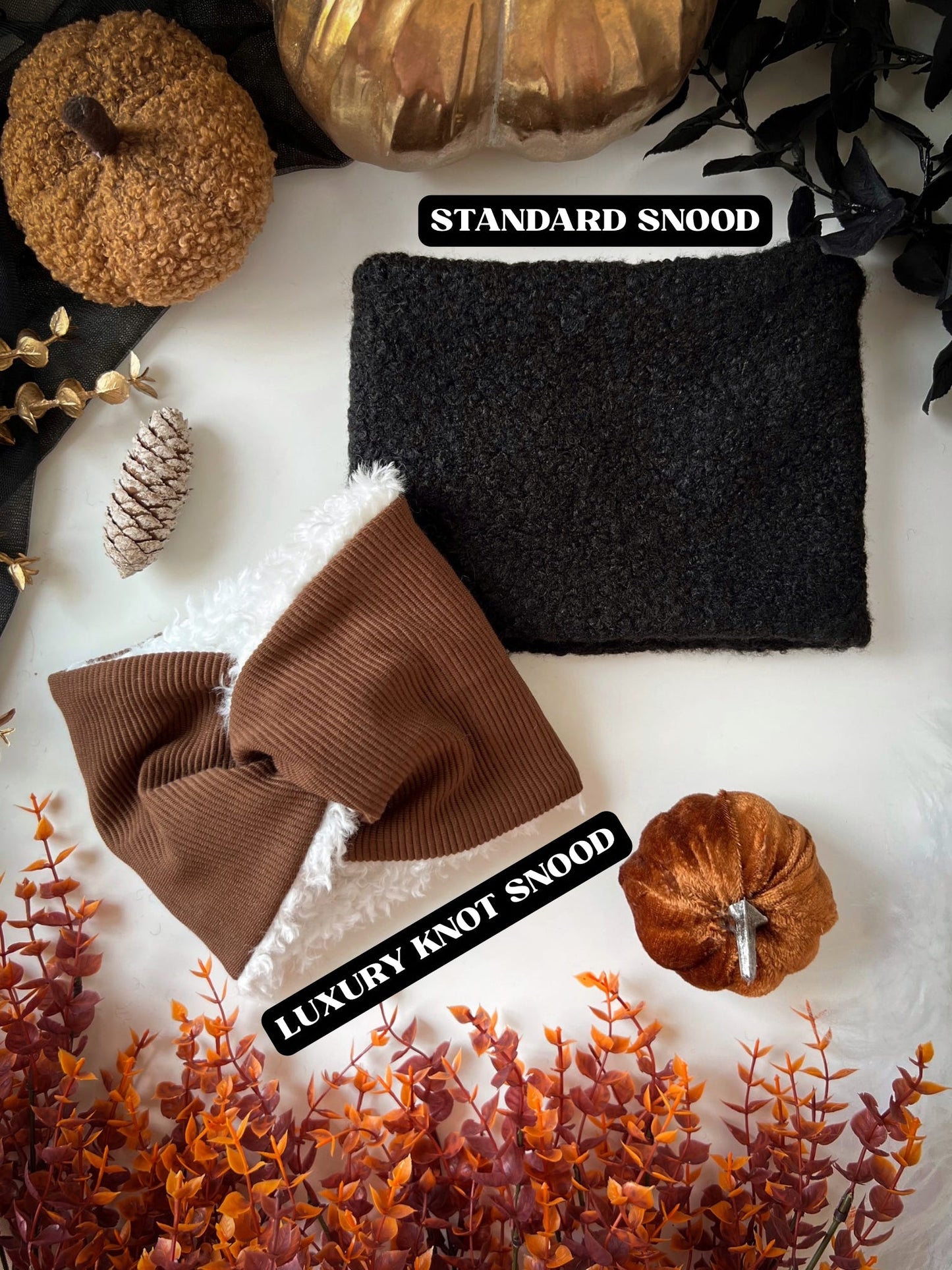 Two snoods, one black and one brown, with decorative pumpkins and foliage on a white background.