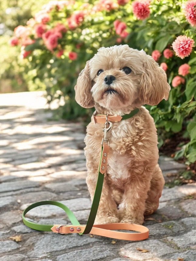 Cavapoo wearing our duo colour waterproof collar and lead