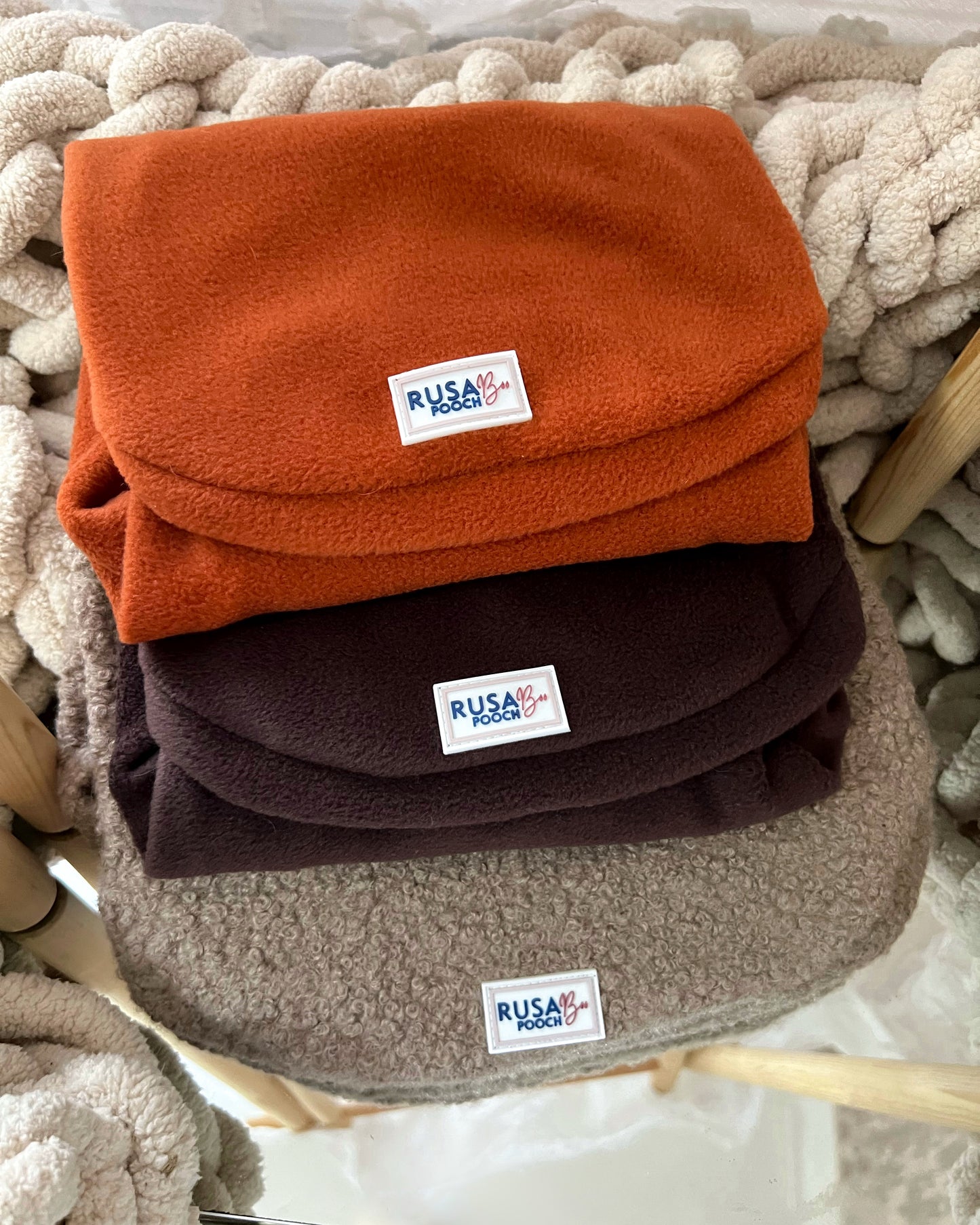 Rust, chocolate brown and beige teddy borg dog fleeces
