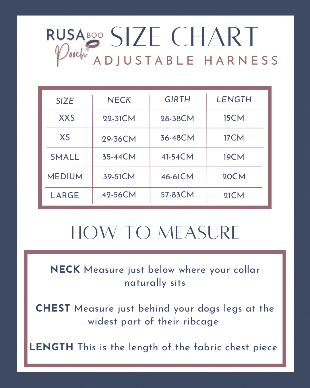 Size guide for our adjustable harnesses