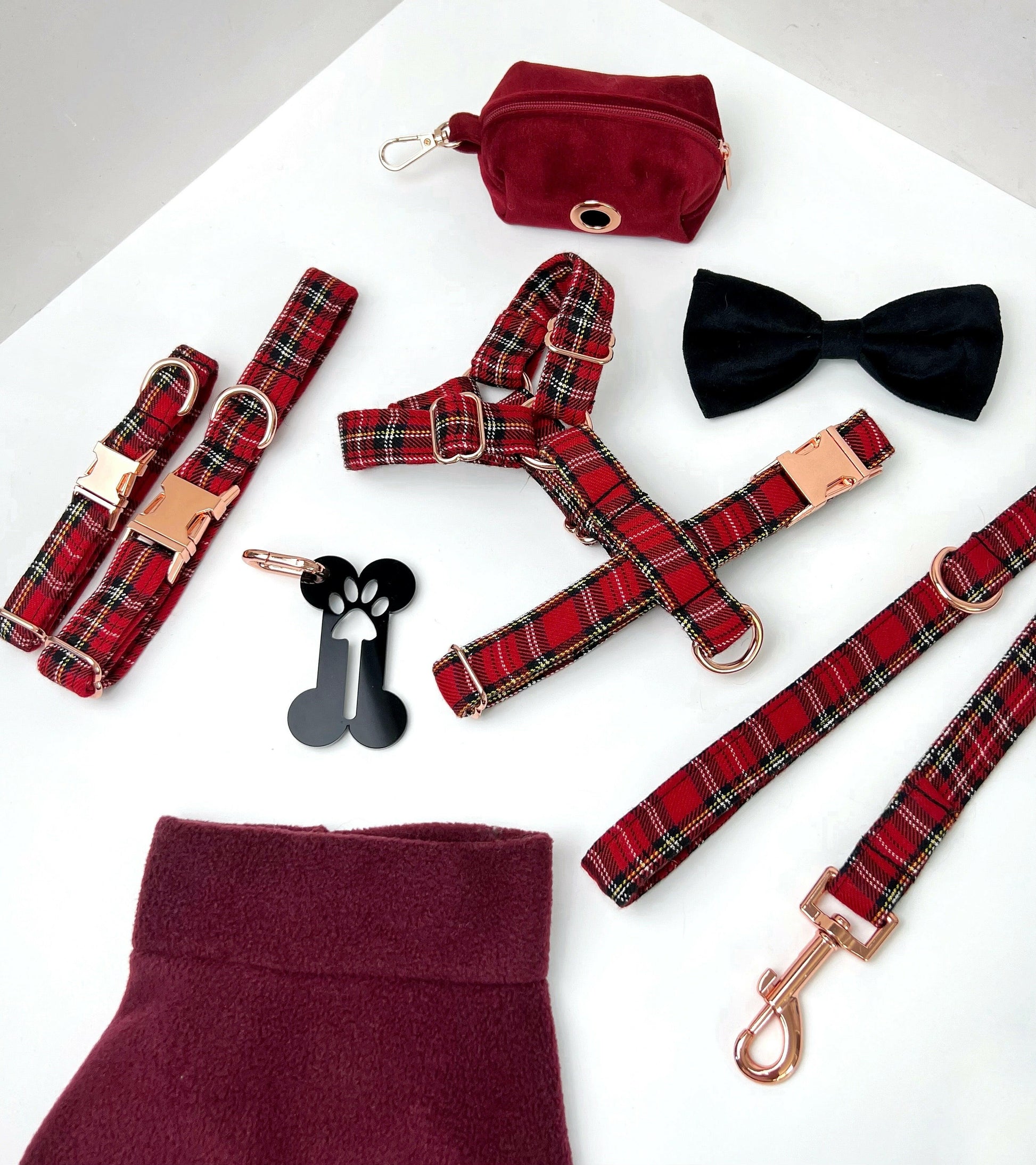 Red tartan harness, lead and collars