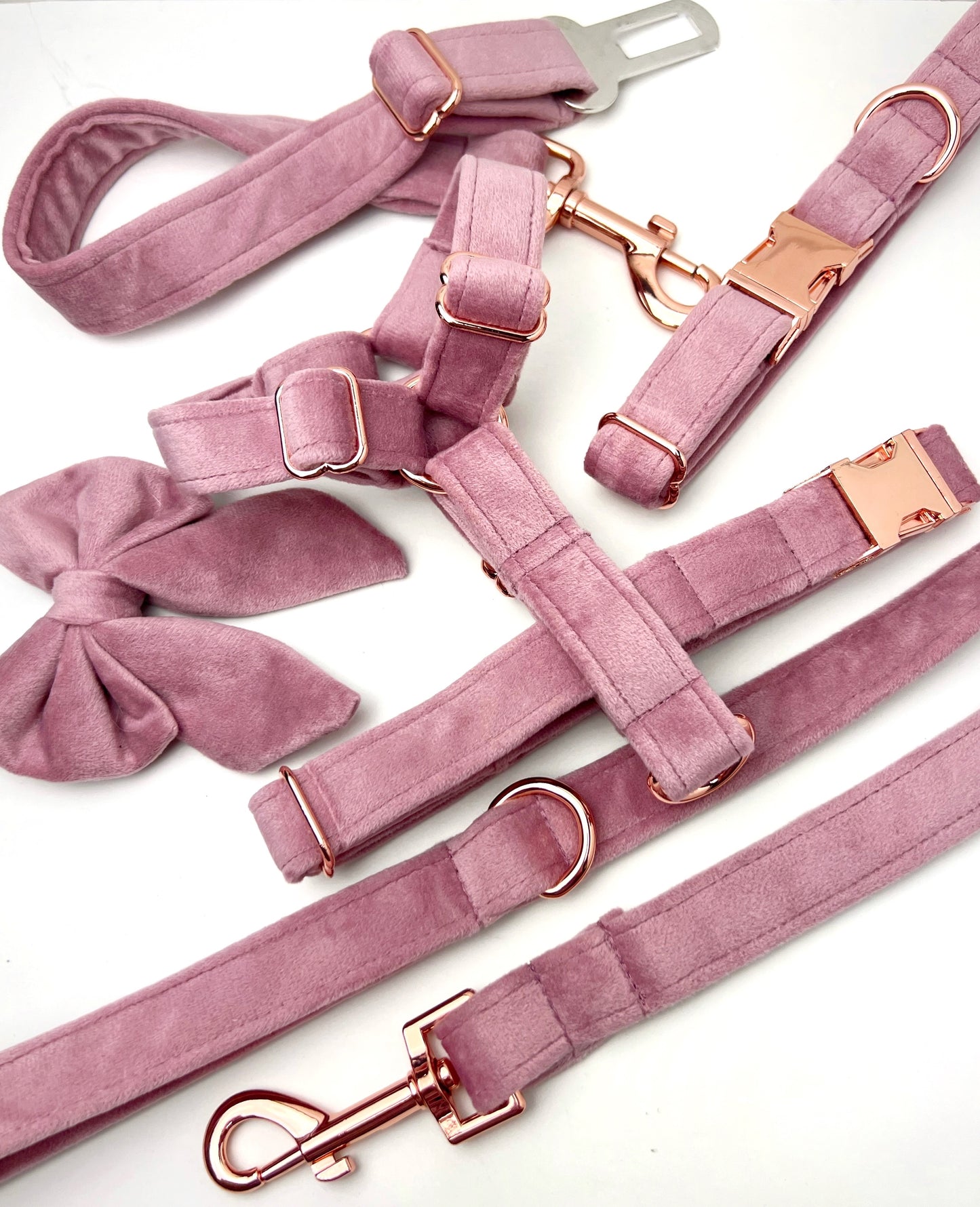 Pink velvet harness, lead, bow, collar and seatbelt