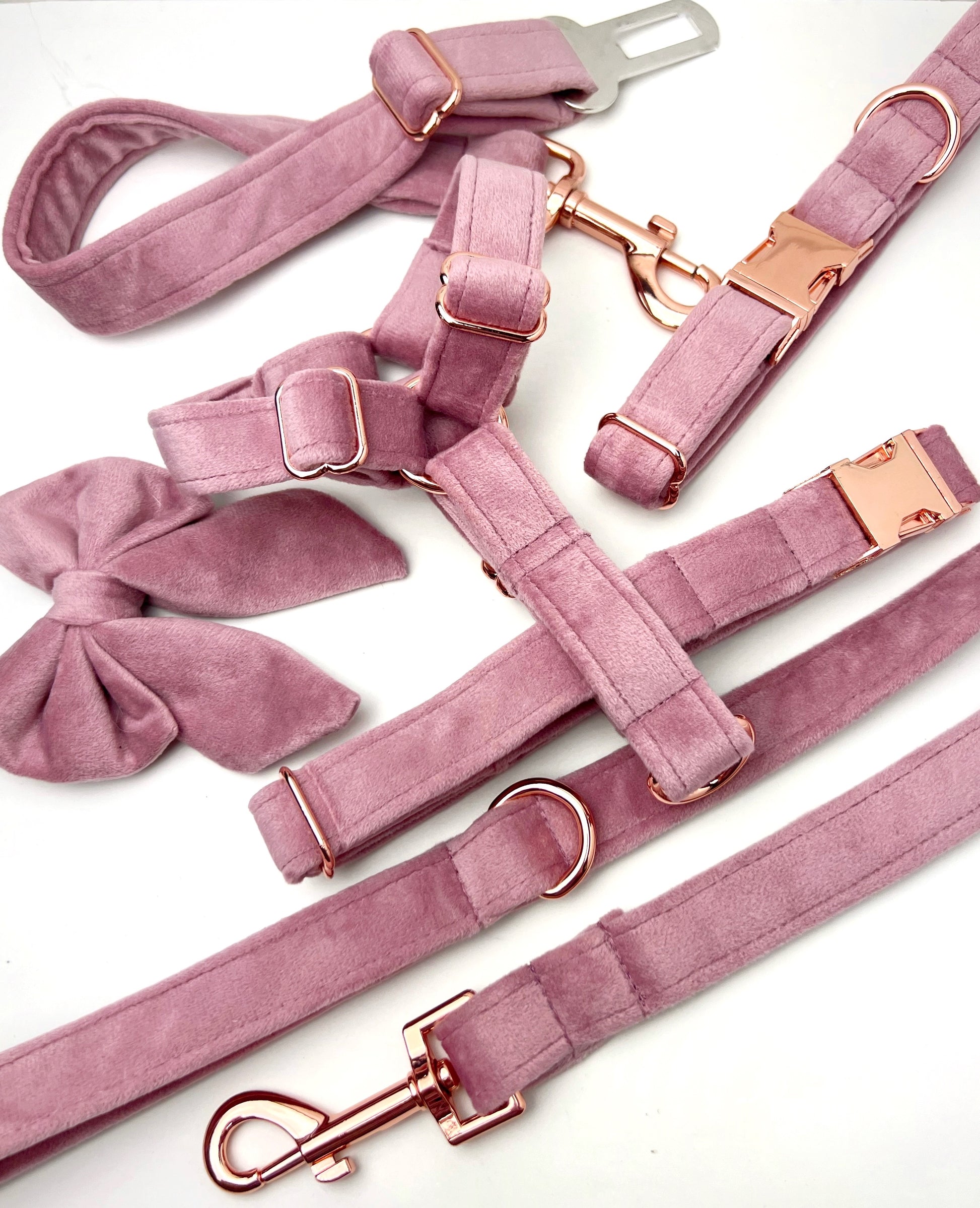 Pink velvet harness, lead, bow, collar and seatbelt