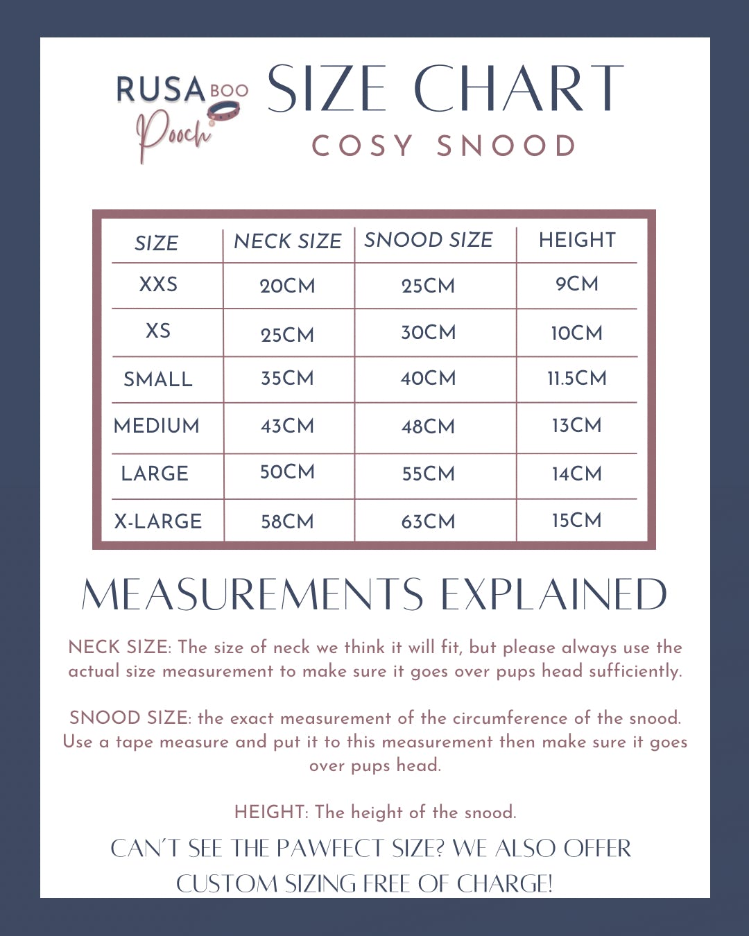 Size guide for our fleece snoods