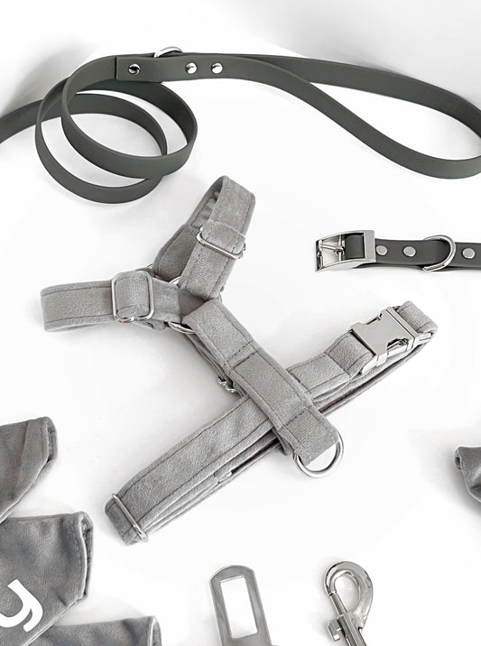 Grey velvet dog harness
