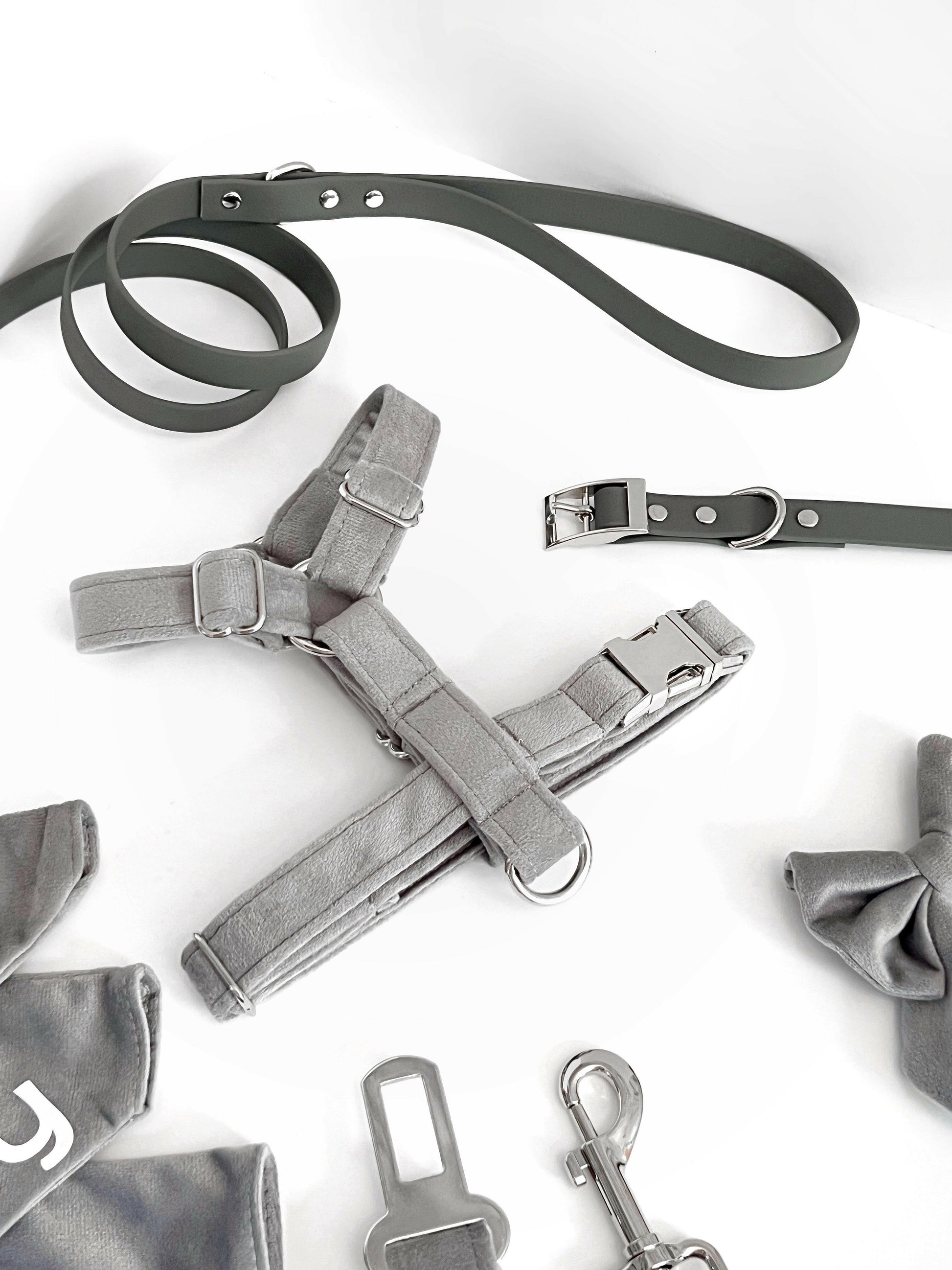 Grey vegan leather waterproof collar and lead