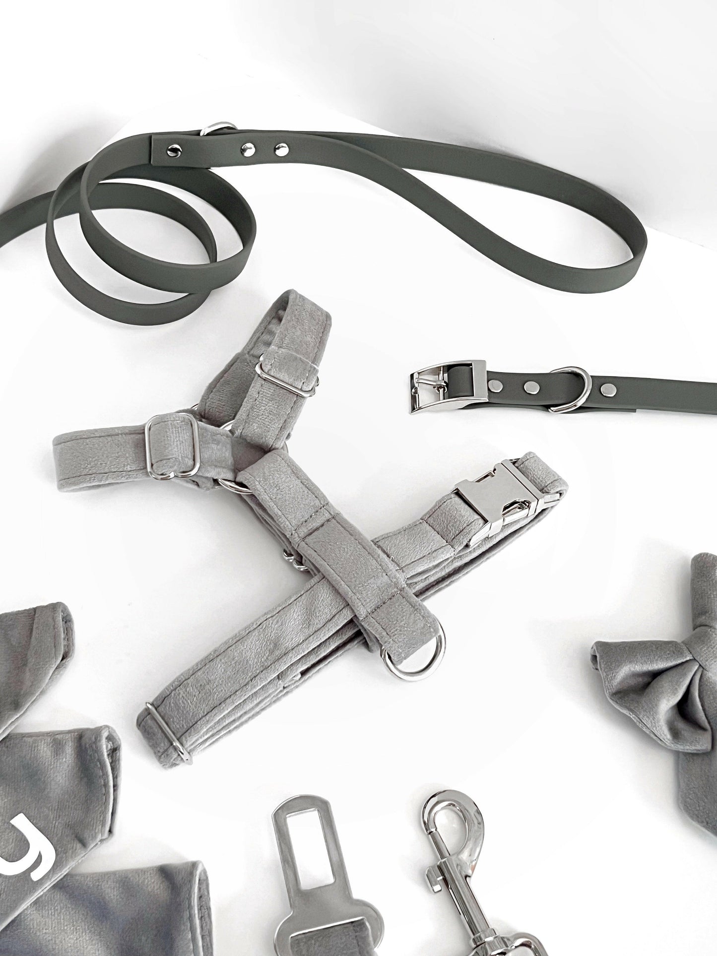 Grey velvet harness with grey waterproof. collar and lead