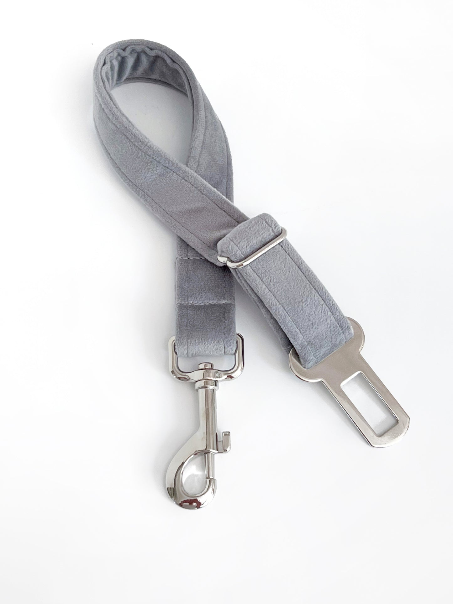 Grey and silver dog seatbelt