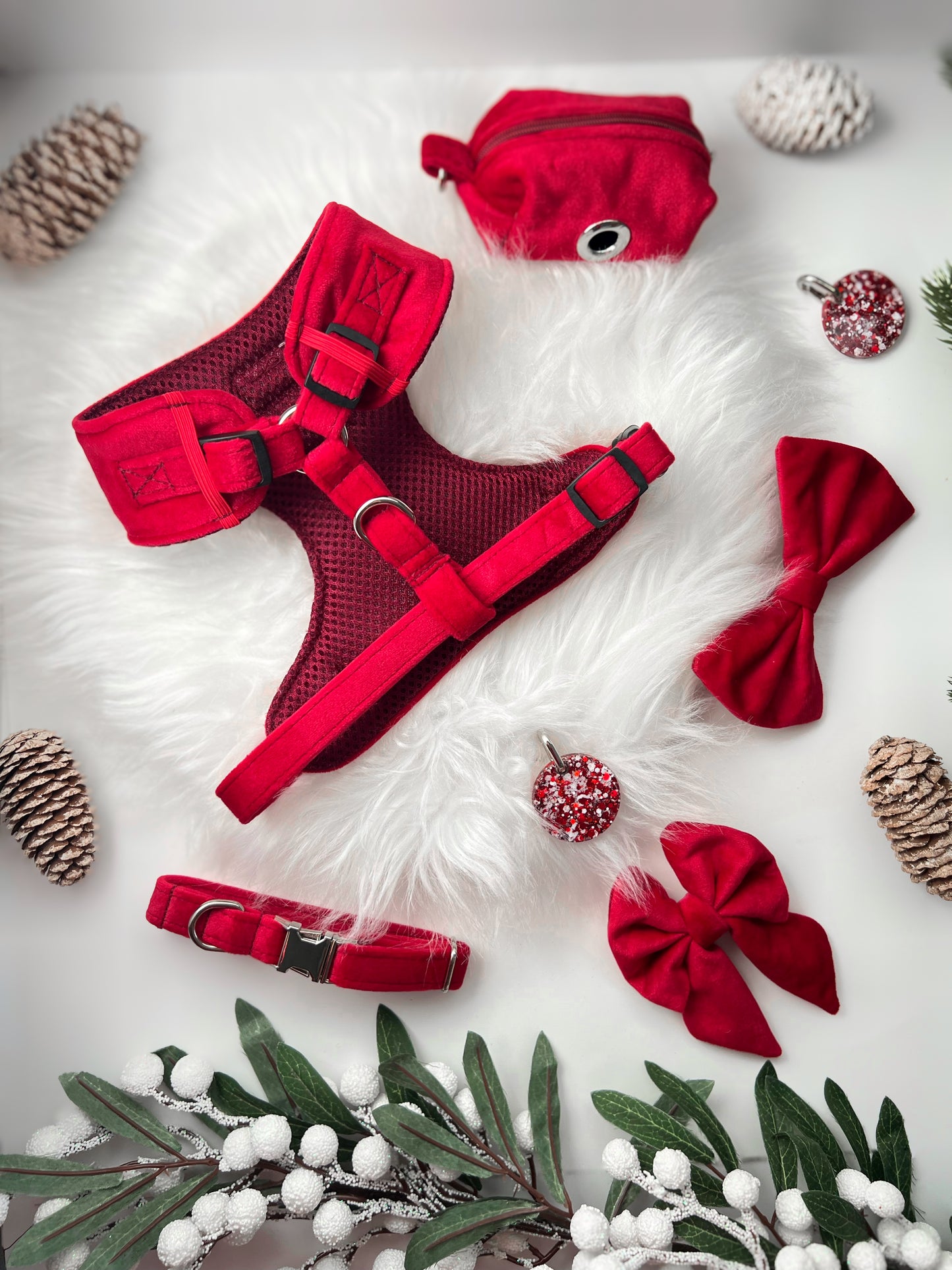 Full collection - ruby red velvet dog harness