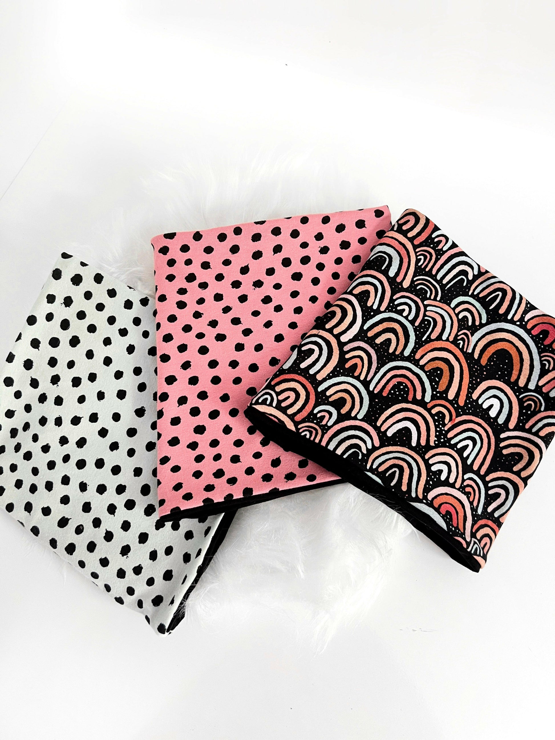 Mint dots, pink dots and black rainbow spaniel ear snood