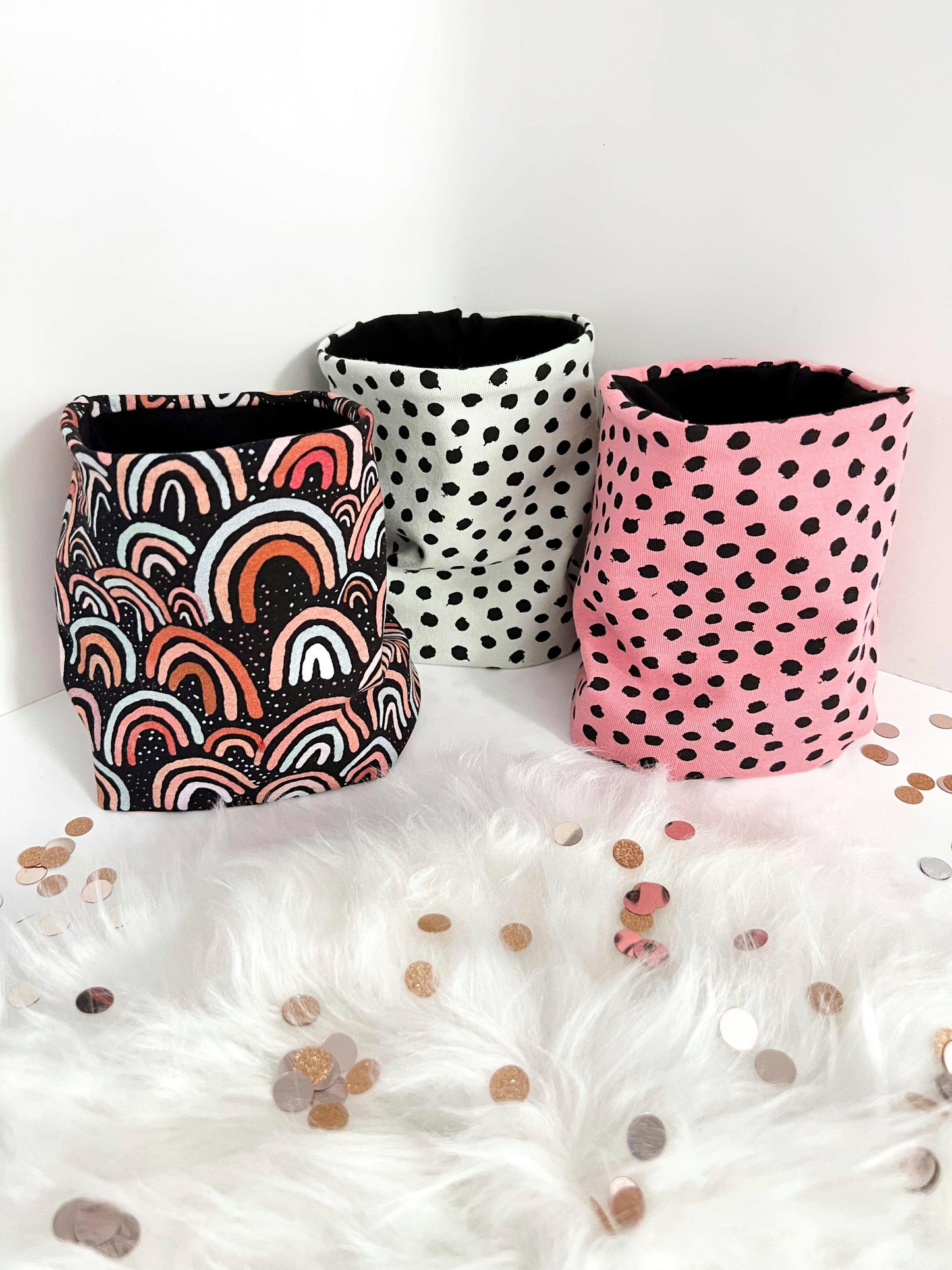 mint spotty, pink spotty and black raibow snoods - side view