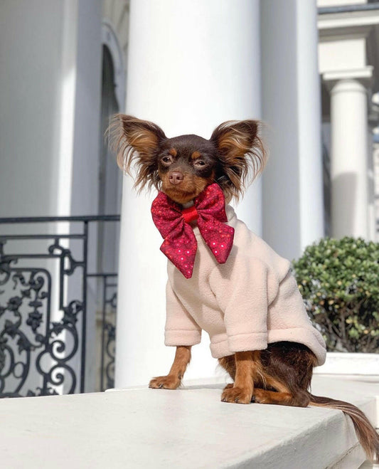 Dog wearing nude fleece and red bow
