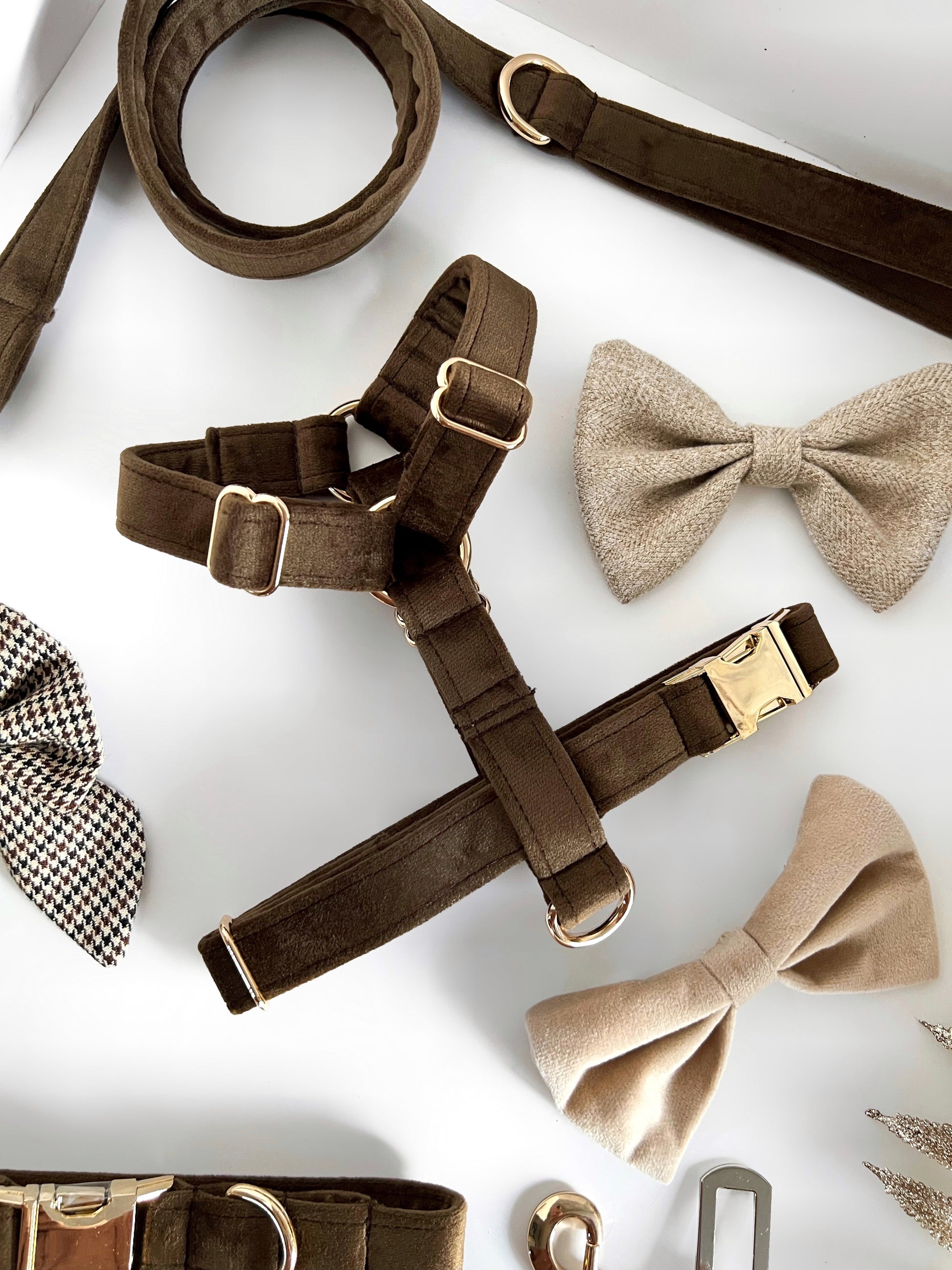 Brown velvet and gold dog harness, lead and collar