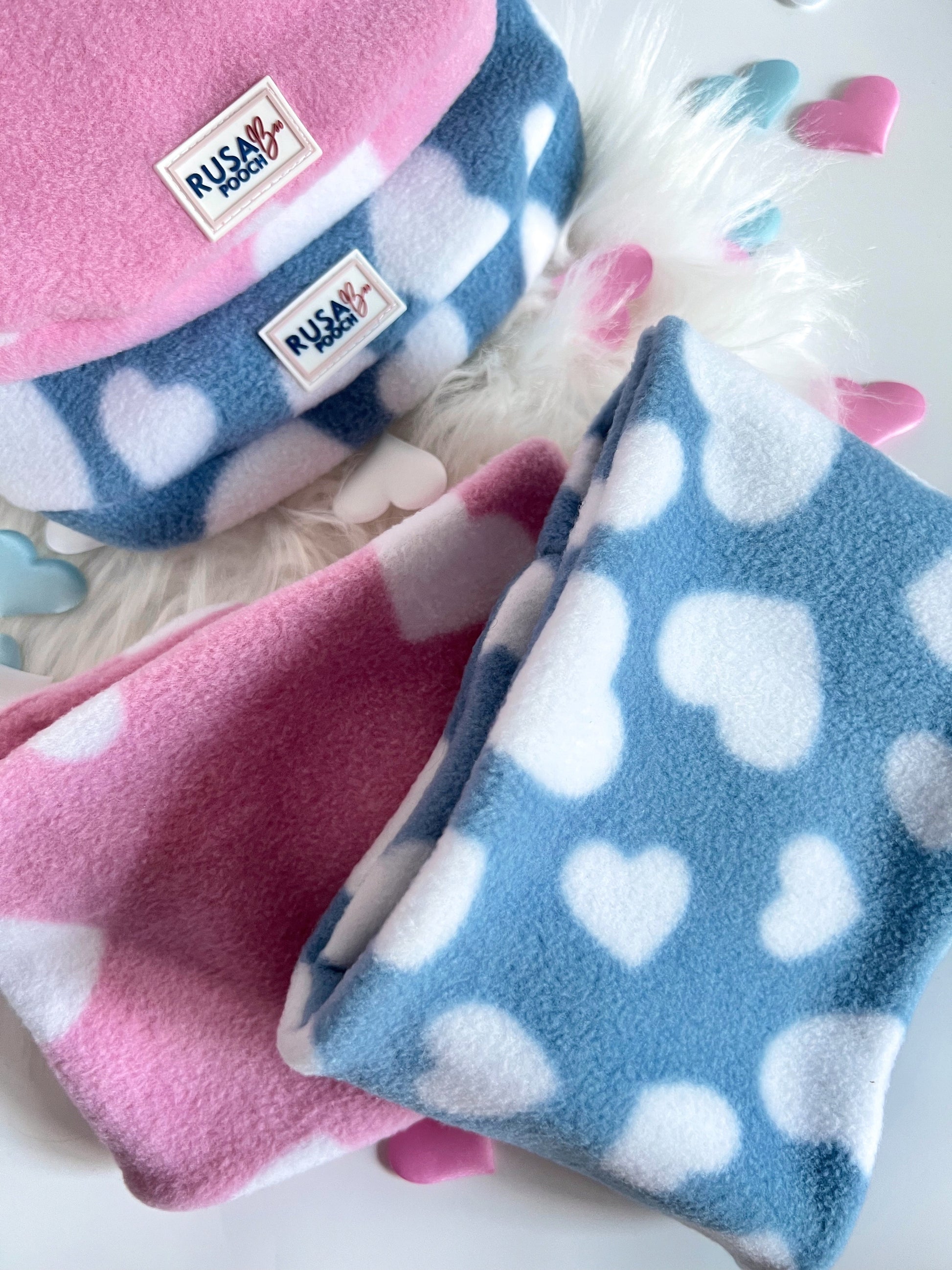 Blue and pink heart polar fleeces and snoods