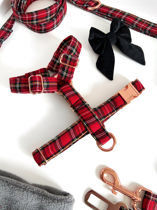 Red tartan and rose gold handmade dog harness