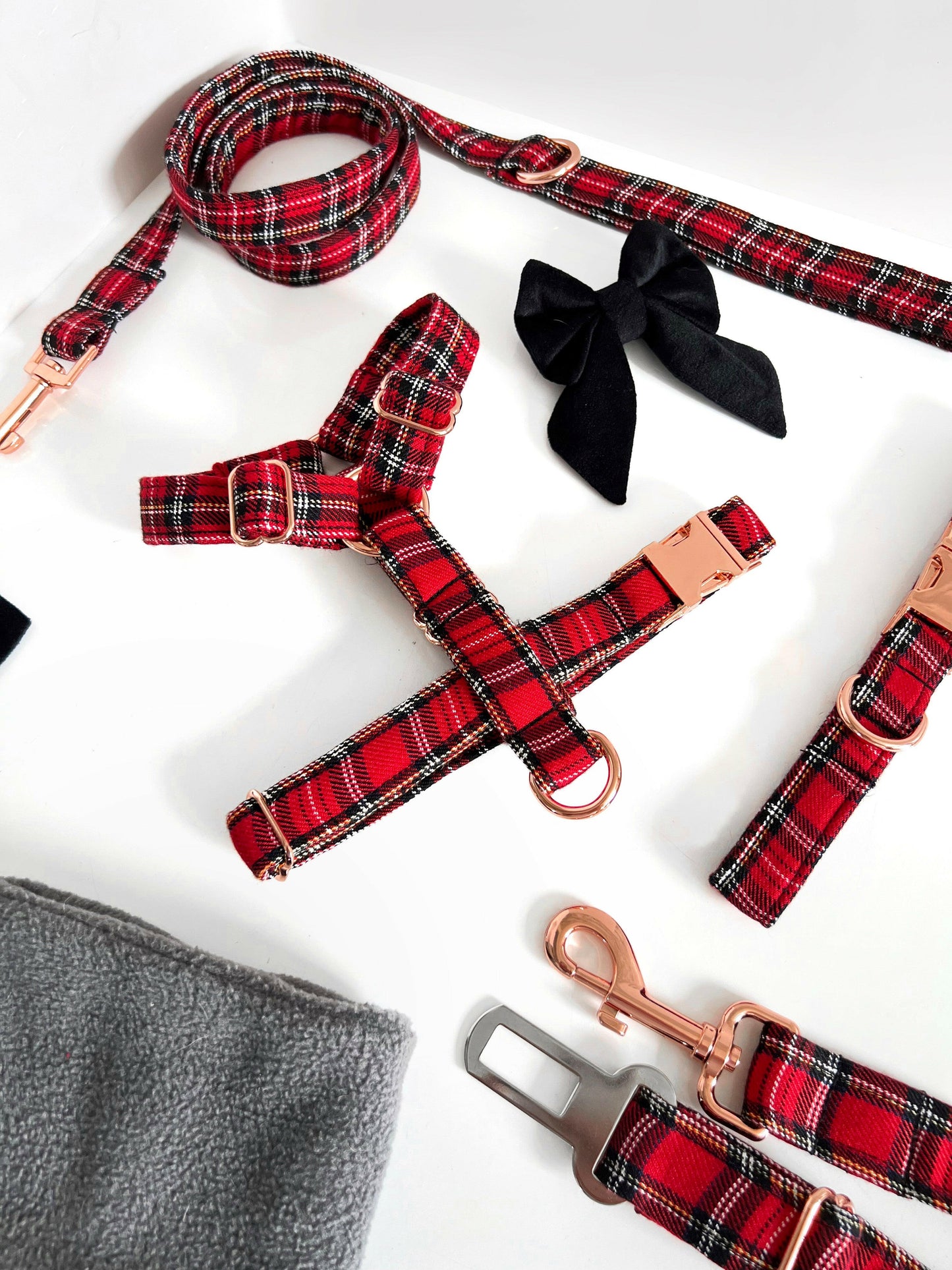 Red tartan dog harness, lead, collar and seatbelt