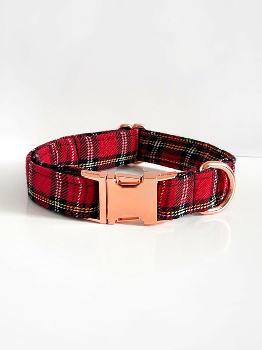 Red tartan and rose gold dog collar
