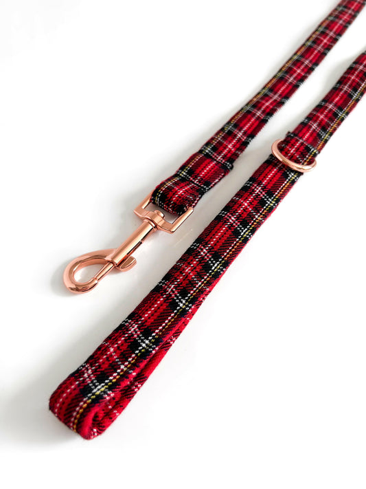 Red tartan and rose gold dog lead