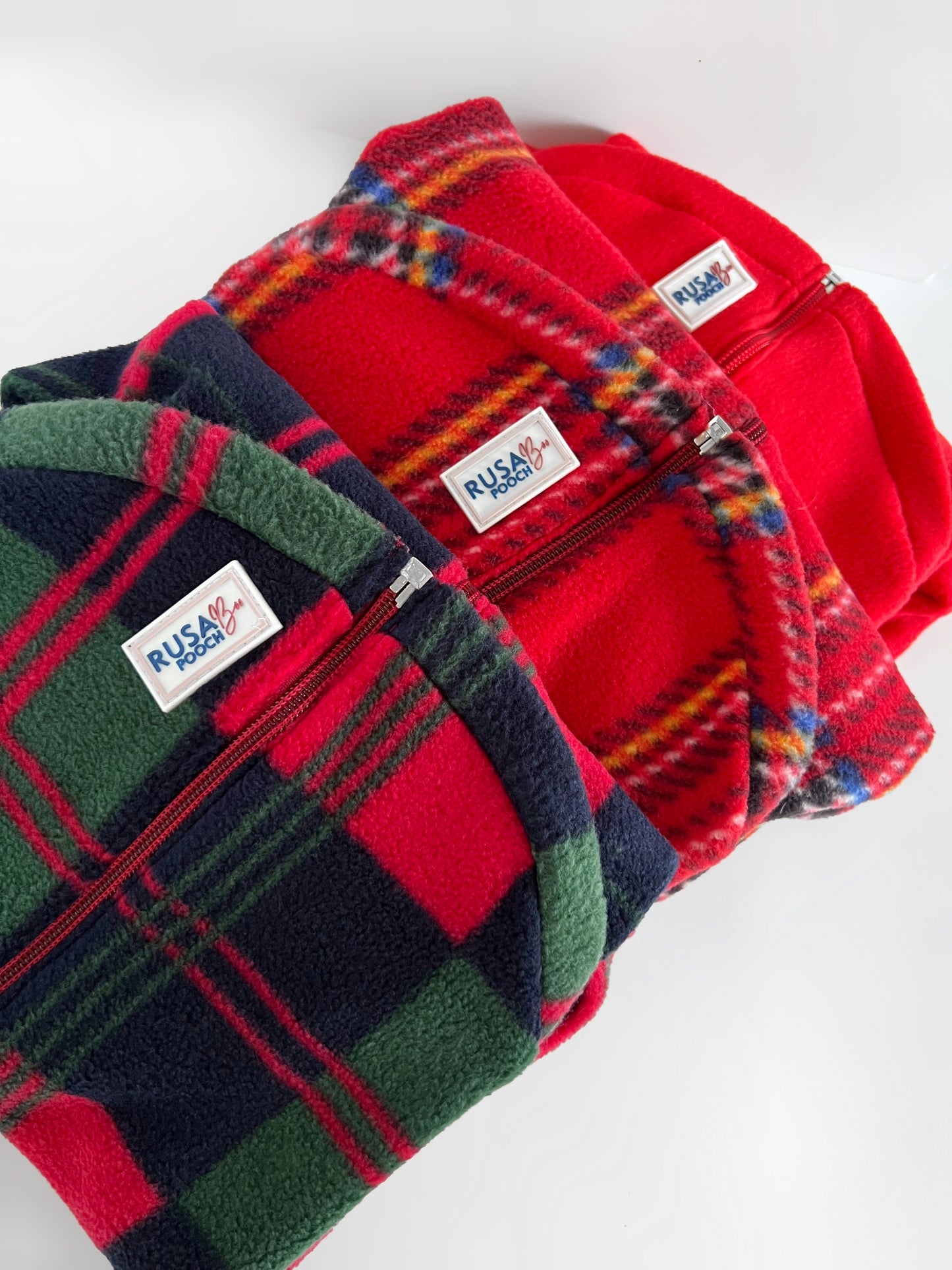 Cedar ridge, red tartan and red dog fleeces with zips