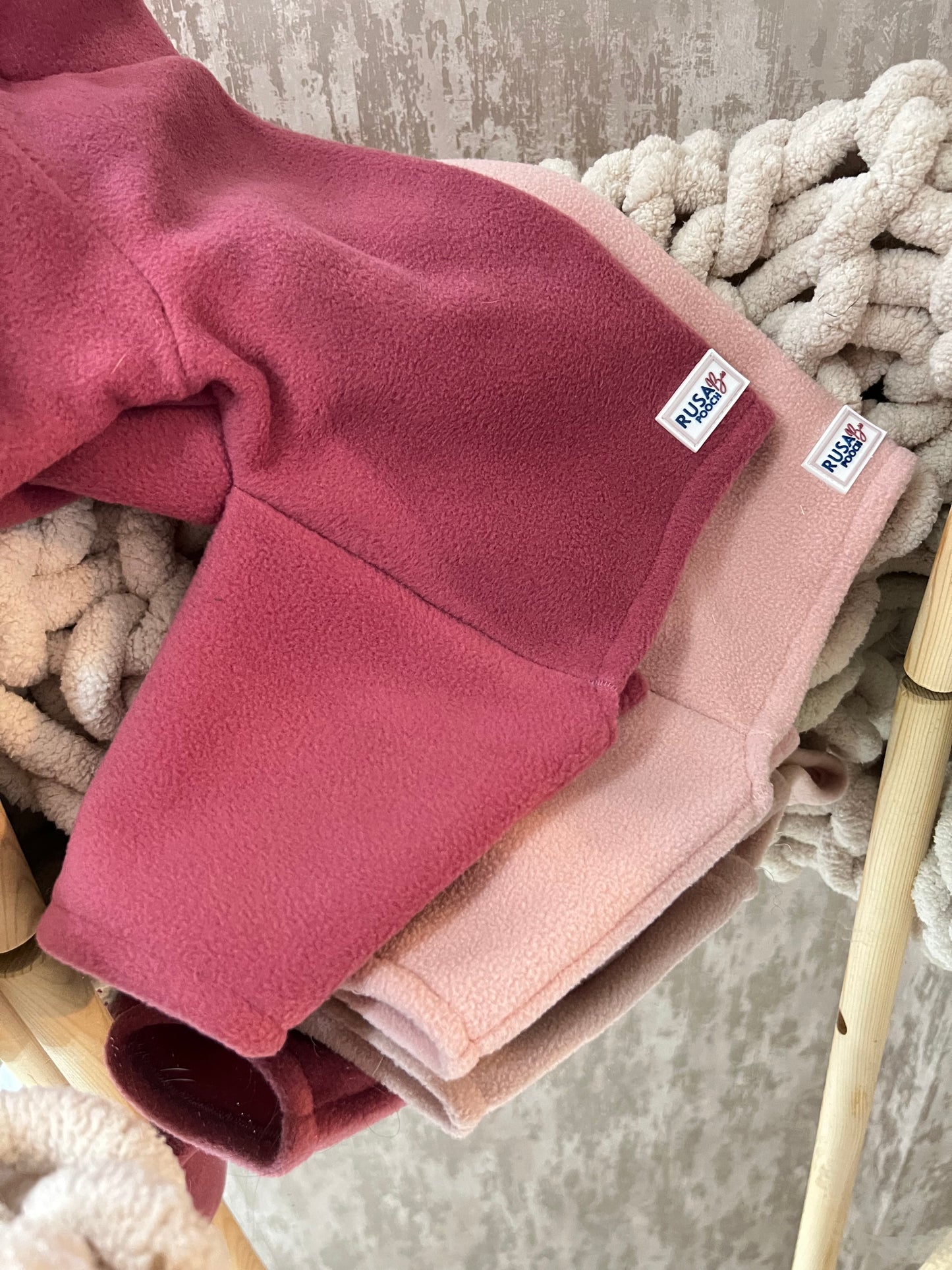 Dusky pink and peach 4 legged fleece dog suits