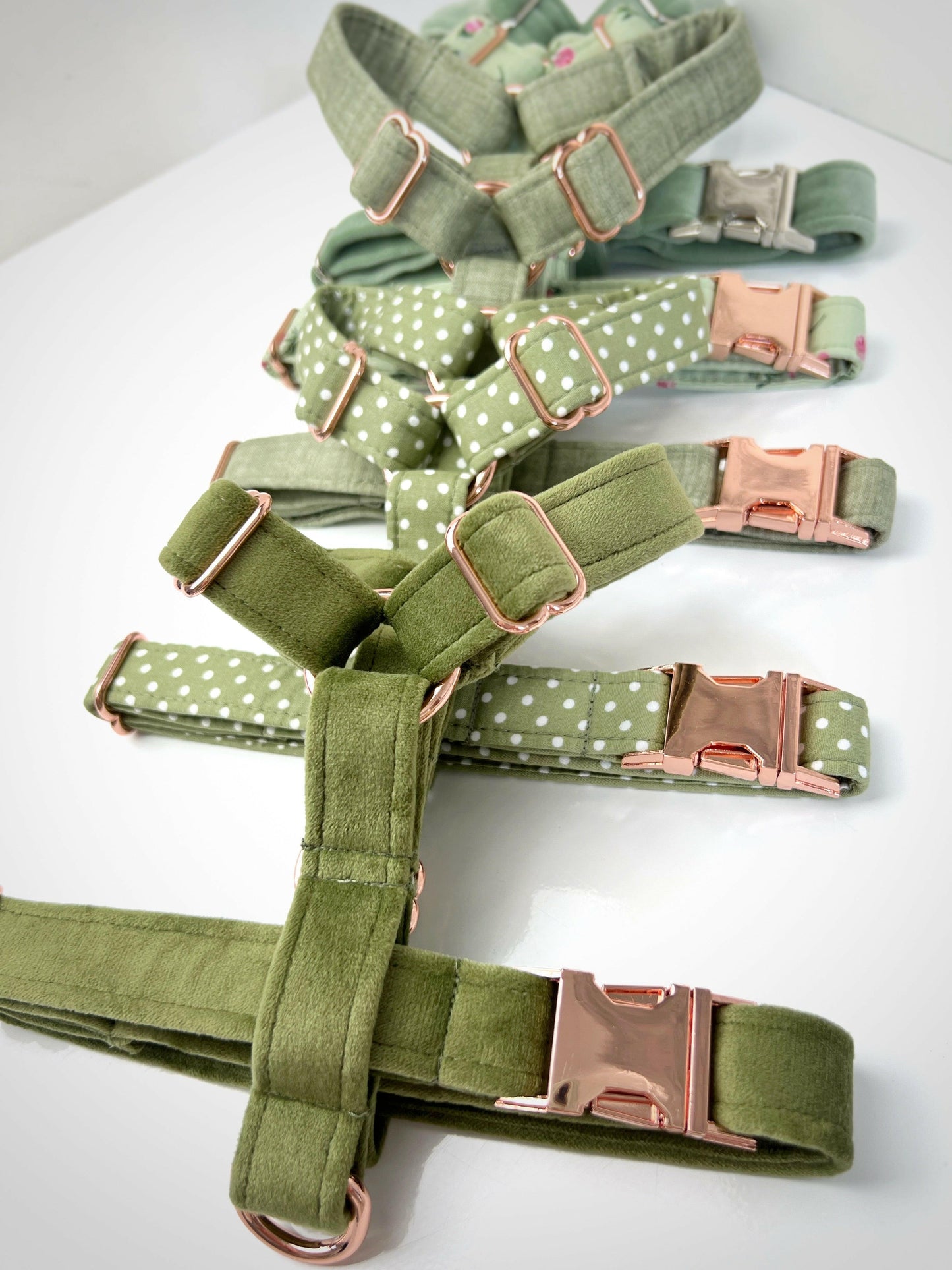 Selection of some of our green strap harness designs