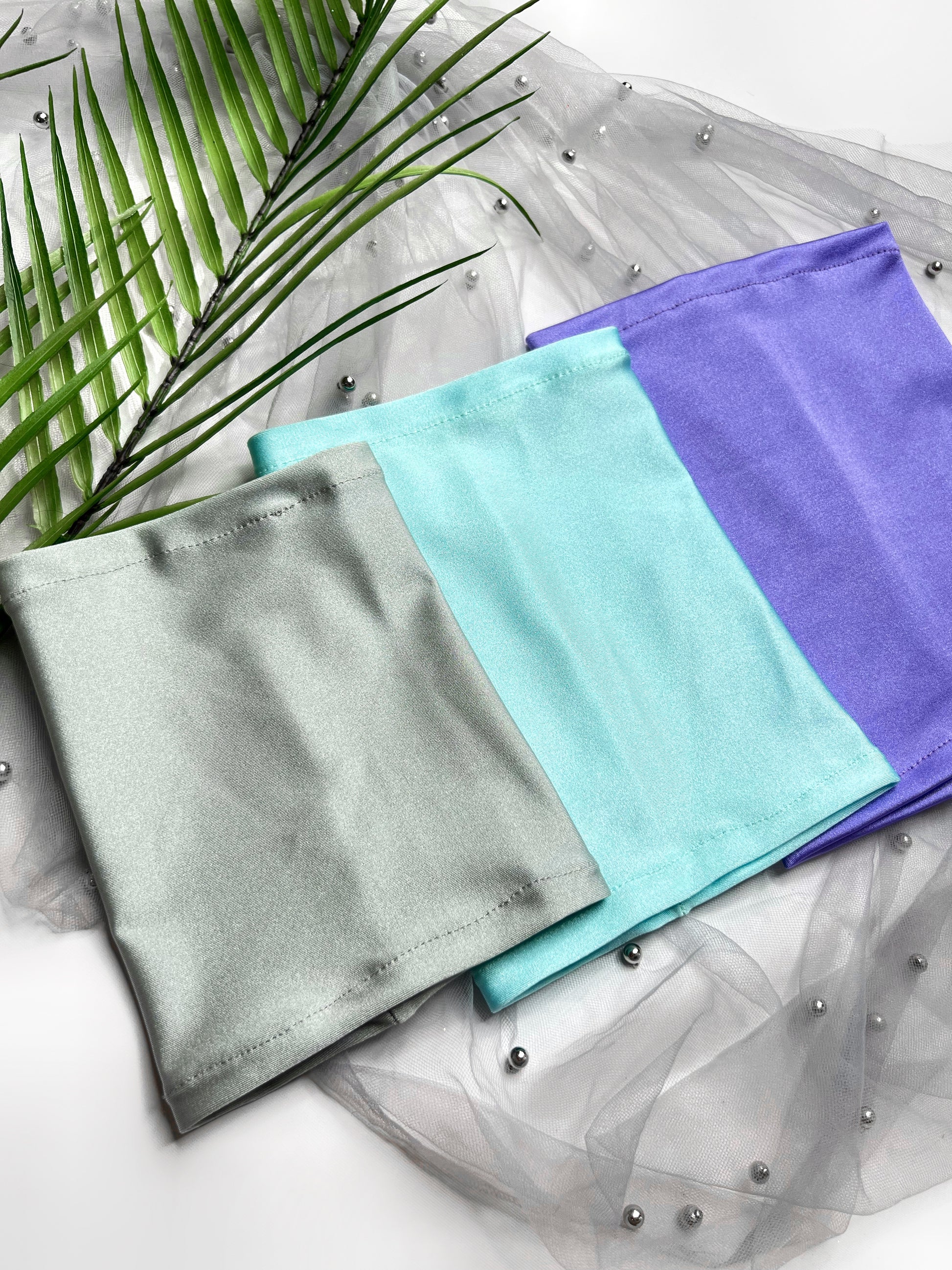 Grey, aqua and lilac stretchy over ear protective snoods