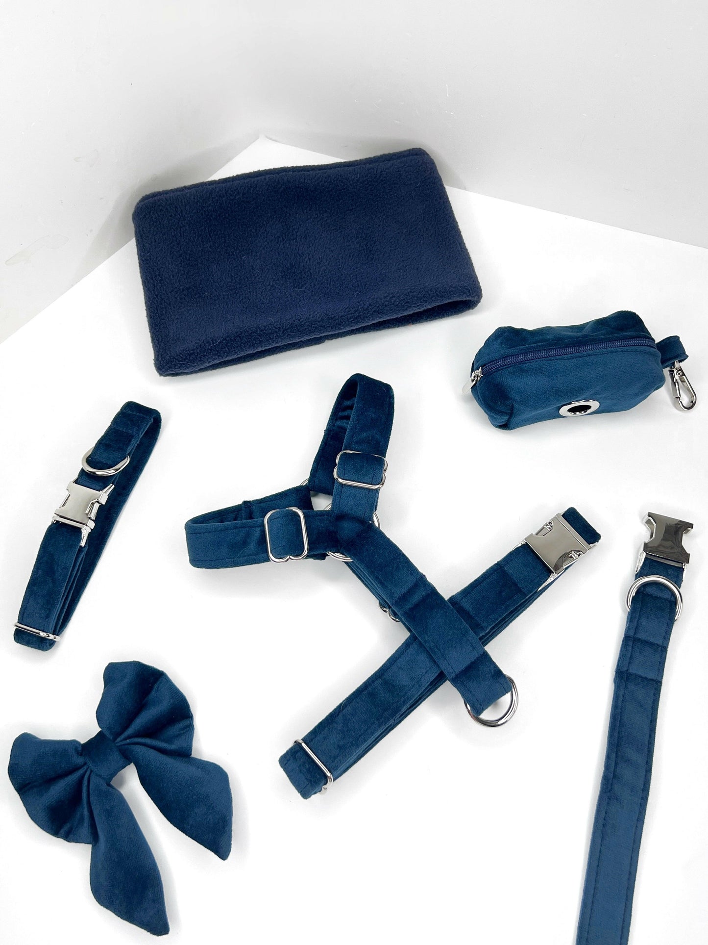 Blue velvet harness, collar, lead, bows and poo bag holder