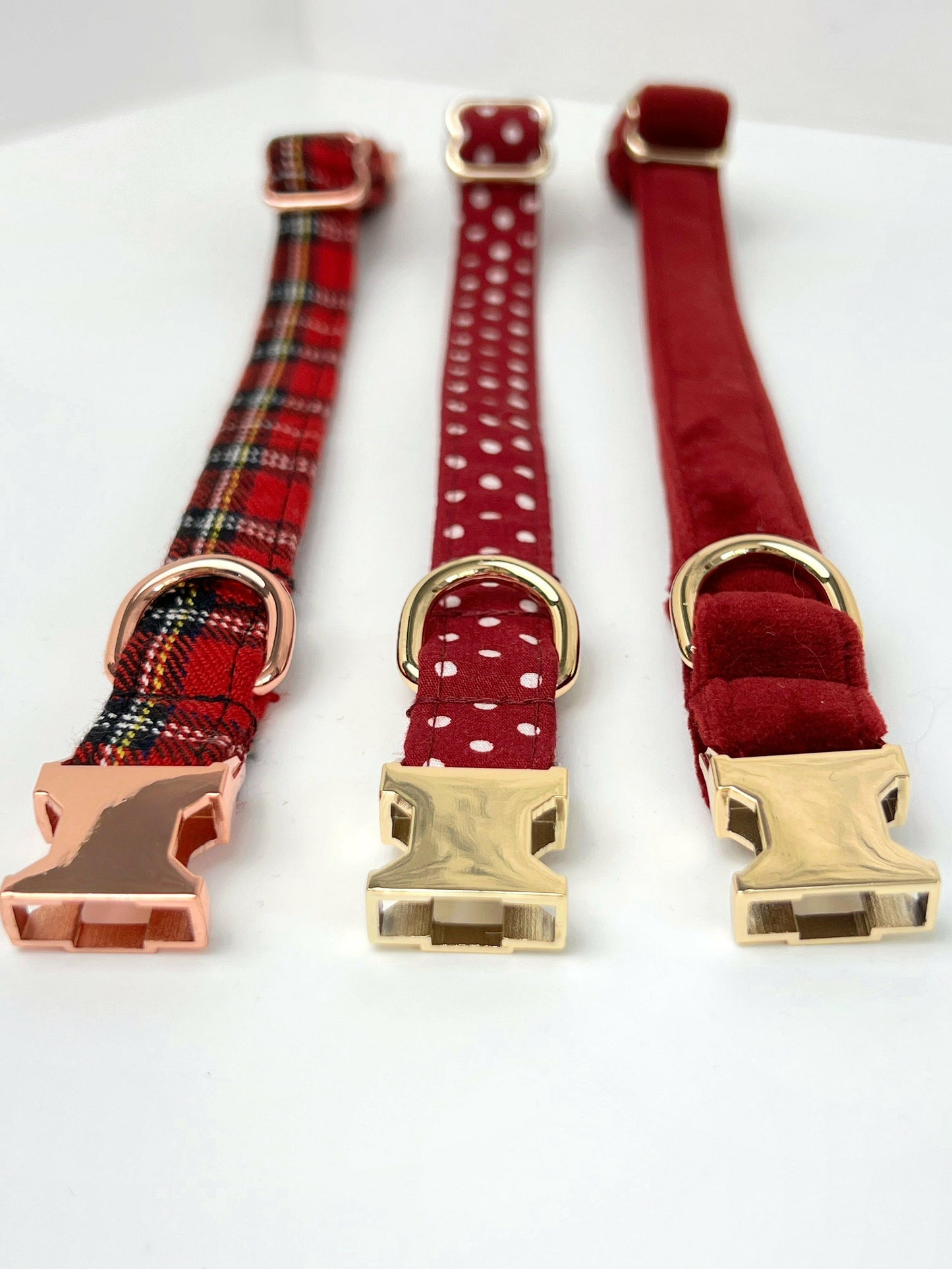 Red tartan, red polka dot and red velvet dog collar