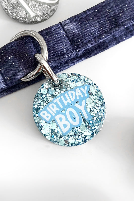 Birthday boy blue glitter dog tag
