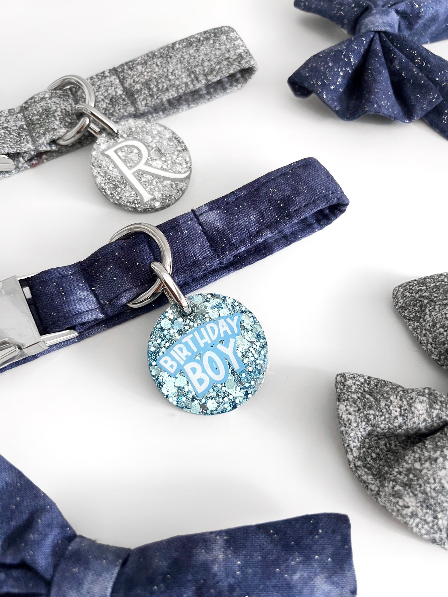 Baby blue and silver glitter dog id tags