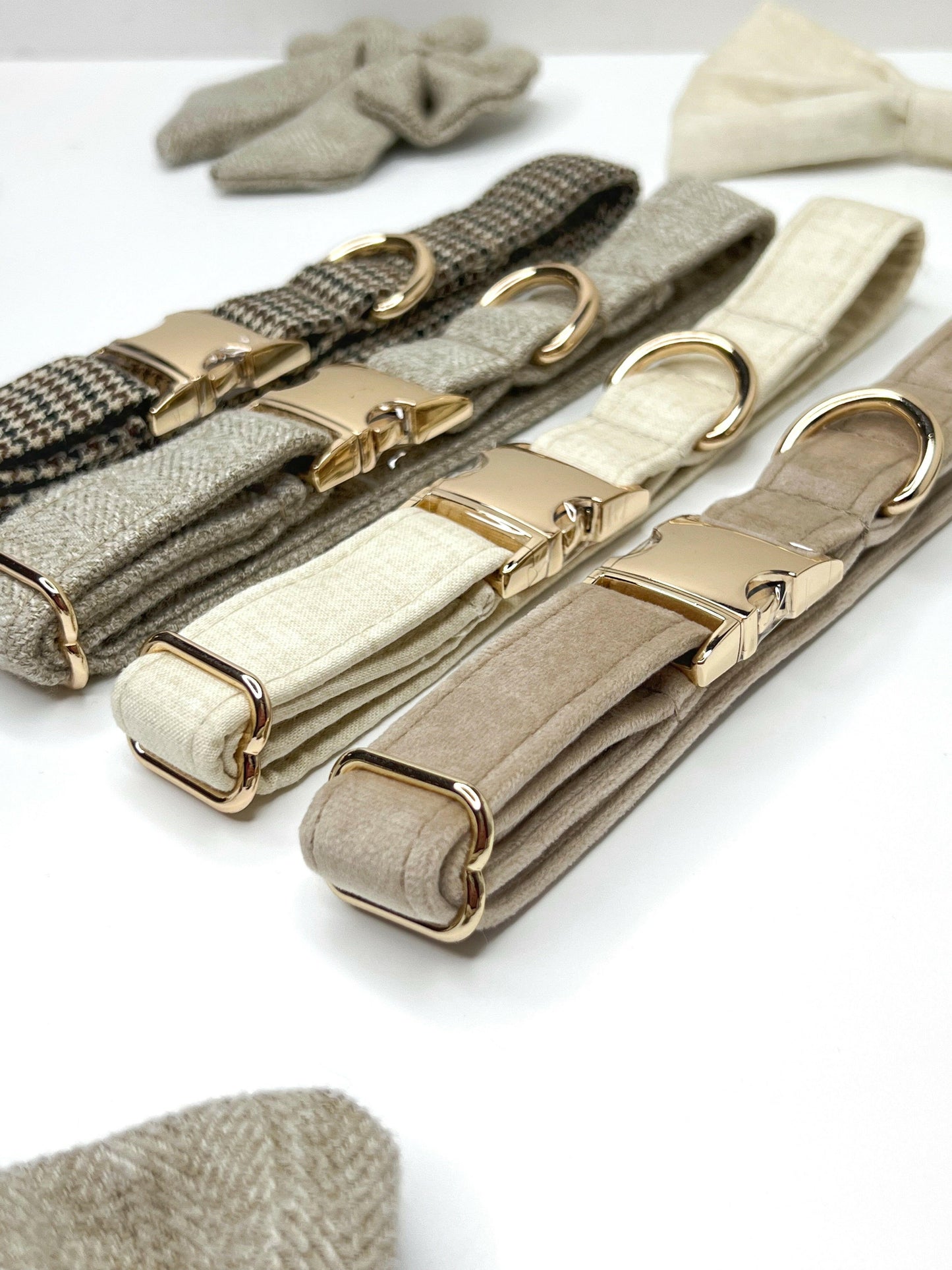 Houndstooth, beige tweed, cream linen and velvet collars