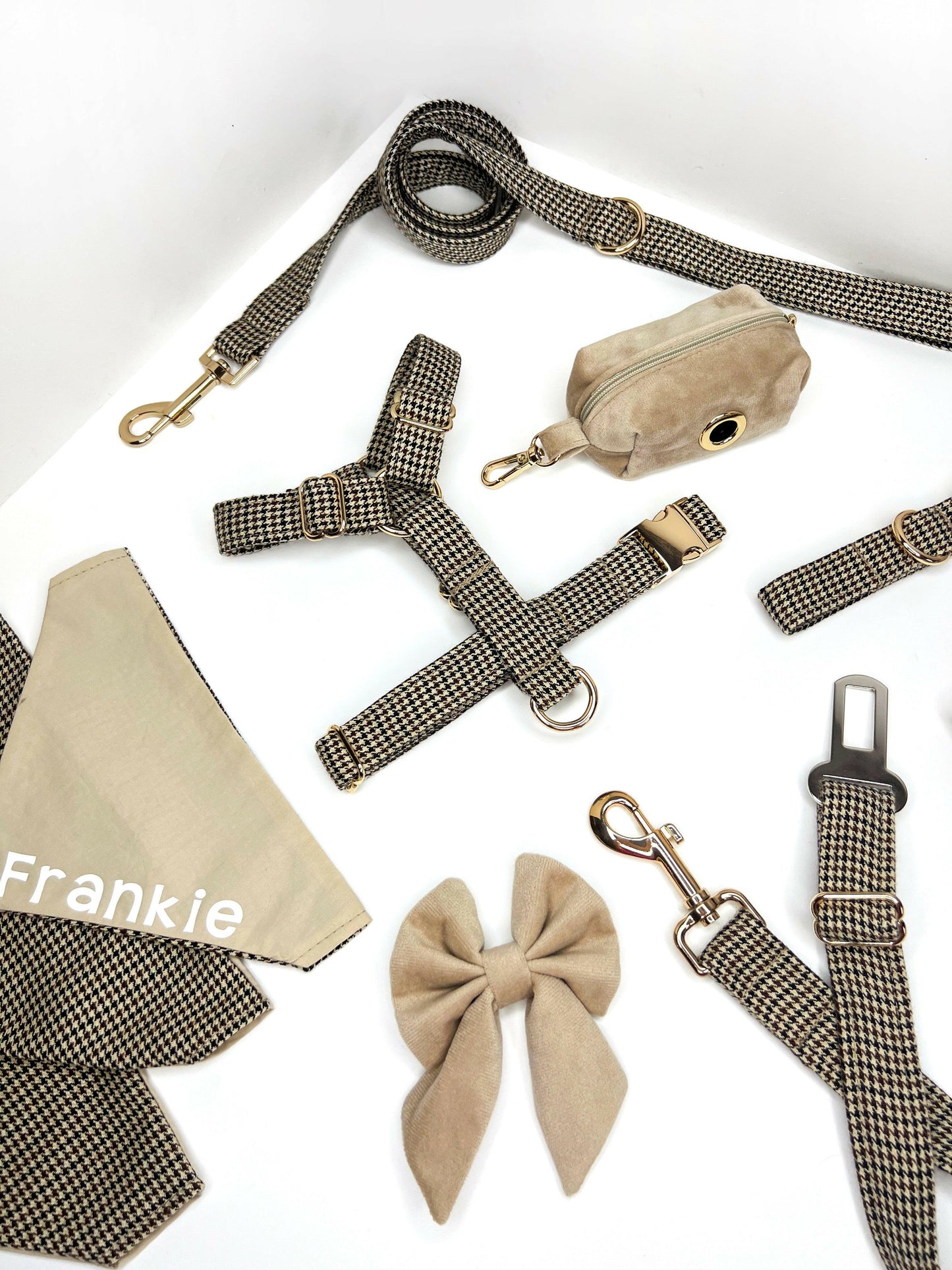 Brown houndstooth harness, lead, collar and seatbelt