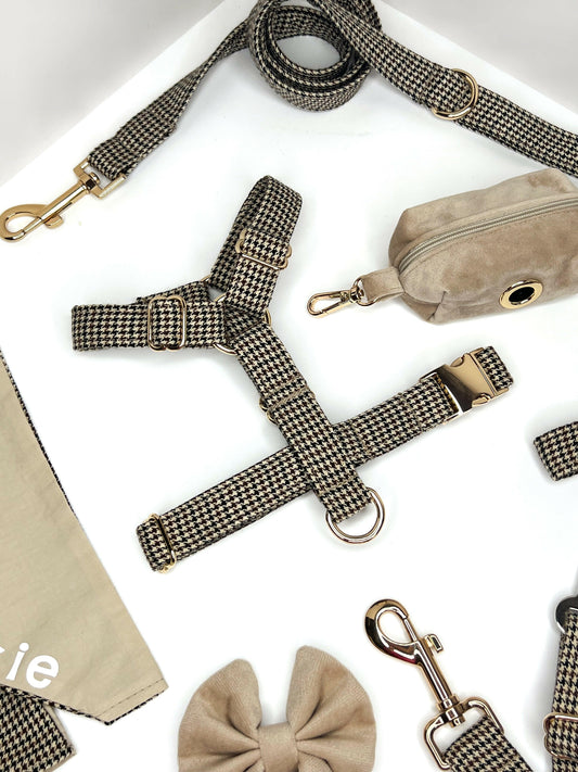 Brown houndstooth checked dog harness