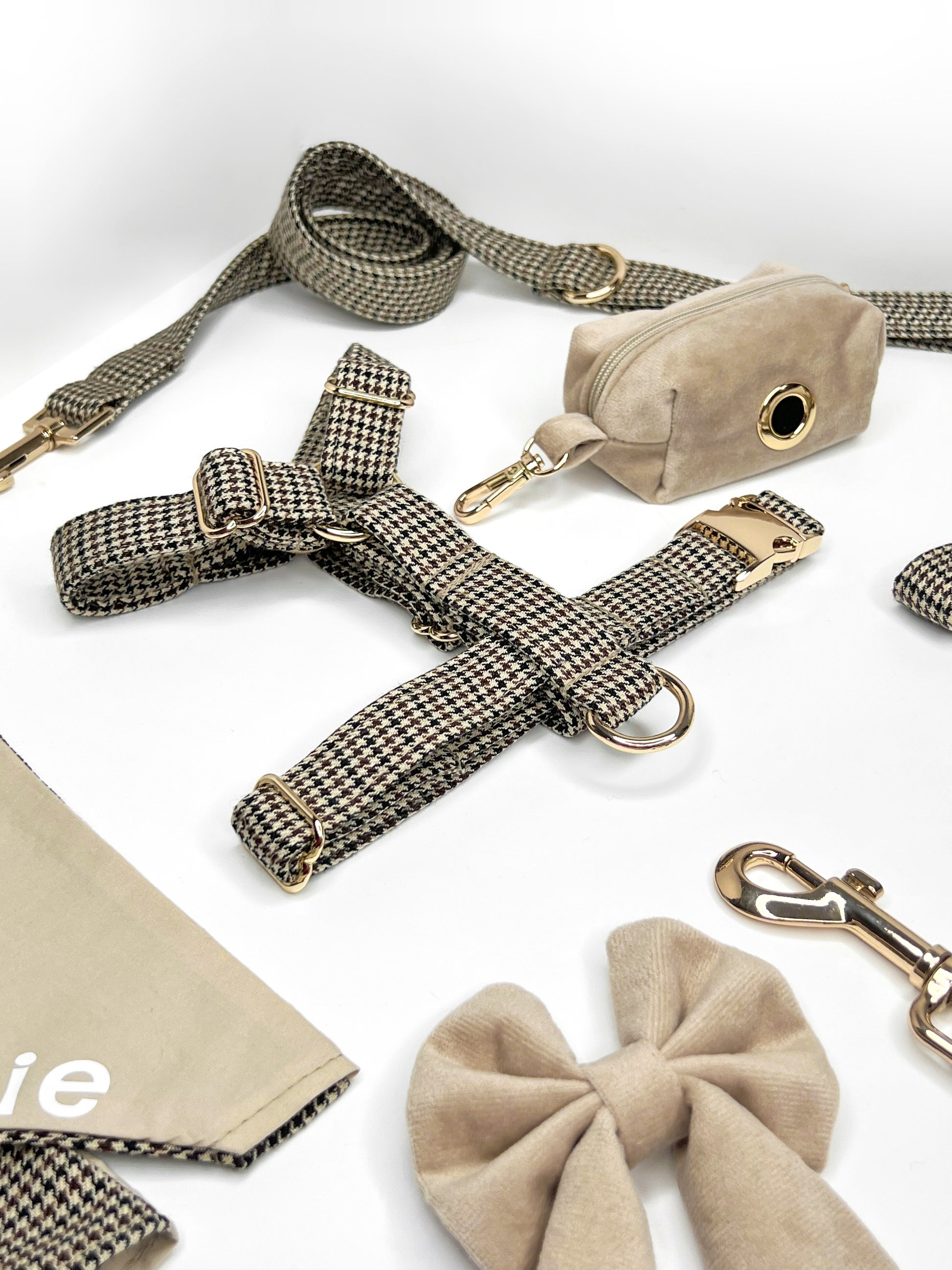 Close up of full collection - Houndstooth and gold velvet