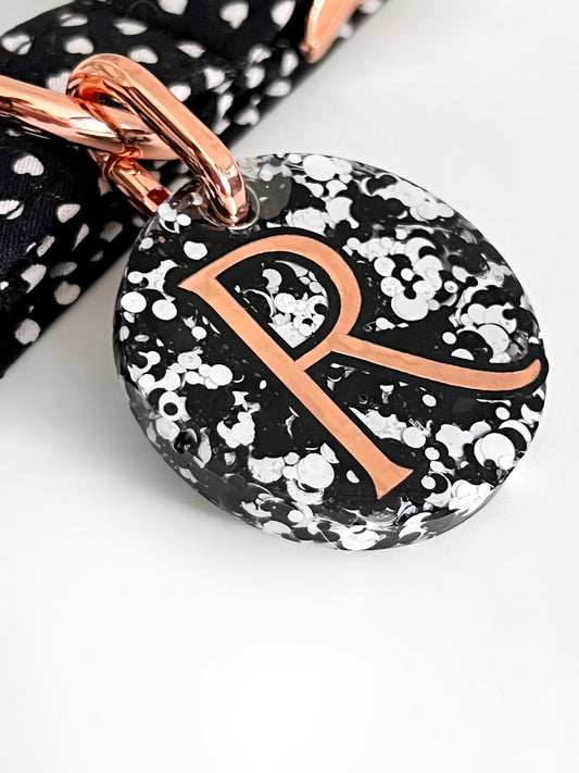 Black, white and rose gold resin ID tag for dogs
