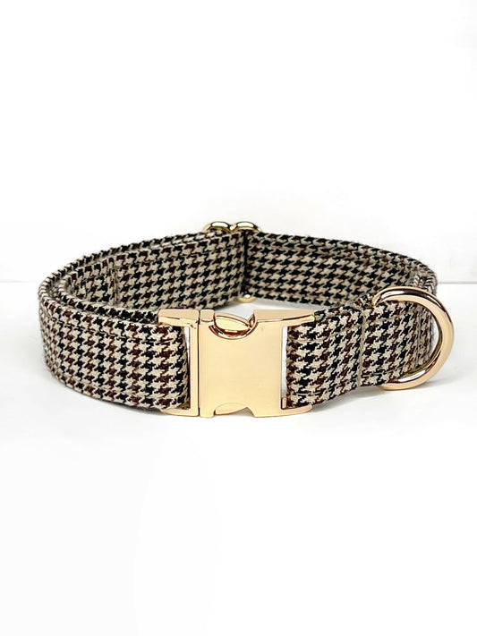 Brown checked houndstooth dog collar