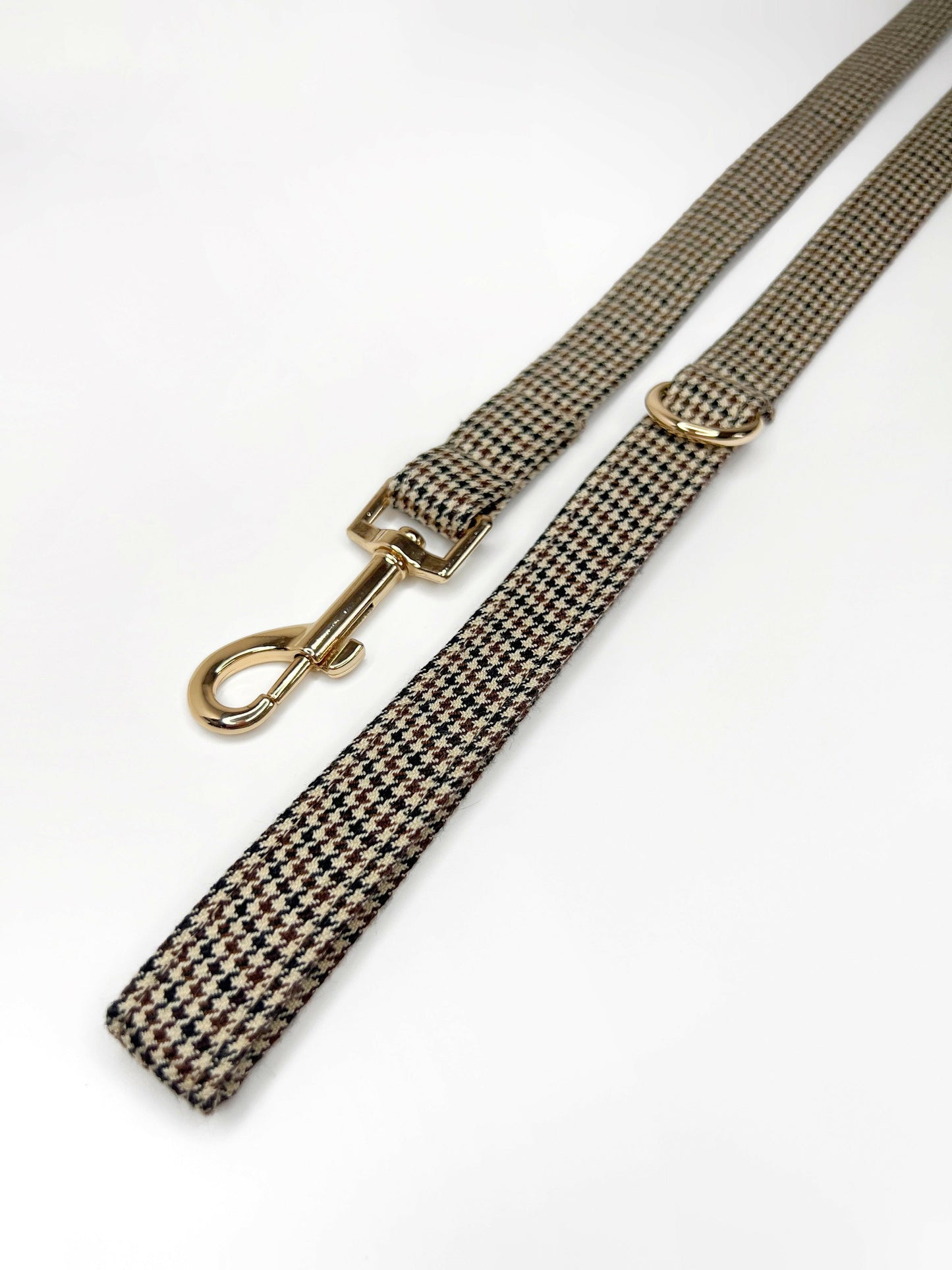 Brown houndstooth and gold fabric dog lead