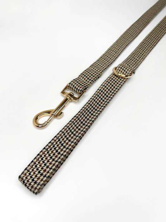 Brown houndstooth and gold fabric dog lead
