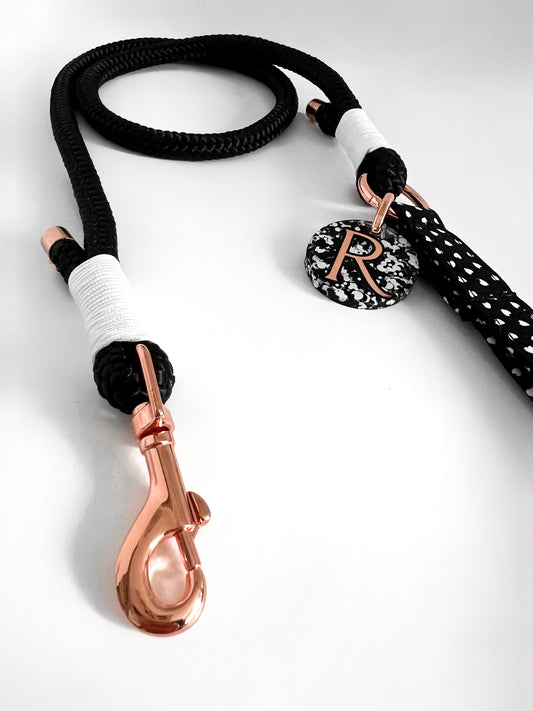 Black and white personalised rope lead