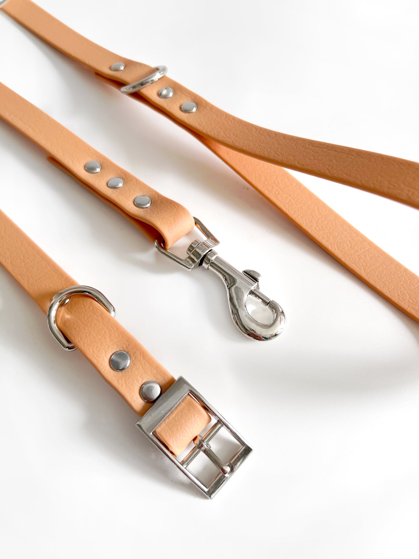 Peach and silver waterproof dog collar and lead