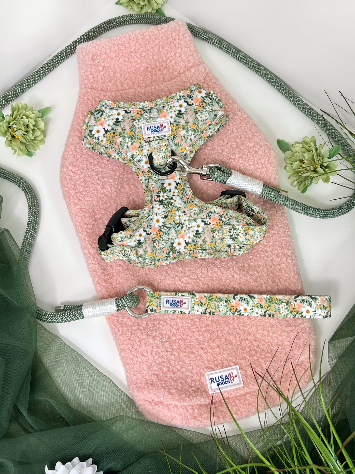 Our new peachy pink borg jumper with our adjustables harness